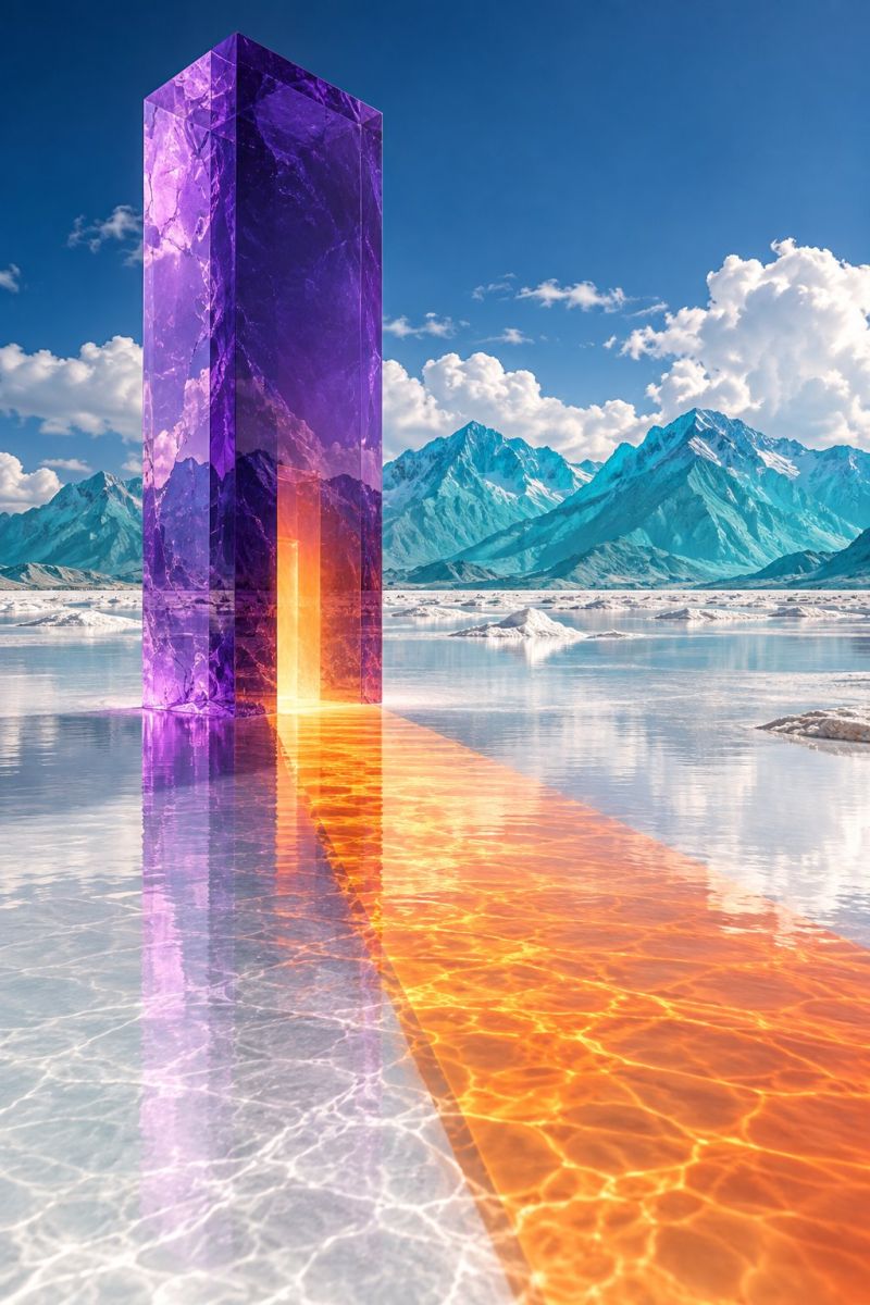 Cristal cristaux cristallographie Au centre de l'image se trouve une haute structure rectangulaire faite d'un matériau violet brillant qui reflète l'environnement environnant. La structure présente une surface lisse et polie et semble être constituée d'un matériau cristallin ou semblable à du verre. La structure est éclairée de l'intérieur et projette une lumière orange vive sur le sol qui se trouve devant elle. Le sol est une surface lisse et réfléchissante qui reflète la structure et le ciel au-dessus. En arrière-plan, un vaste paysage montagneux avec des sommets enneigés et un ciel bleu clair parsemé de nuages épars. Les montagnes sont d'un bleu profond et le ciel est d'un bleu vif. L'image a un caractère surréaliste et onirique, la structure et le paysage semblant être dans un état d'animation suspendue.