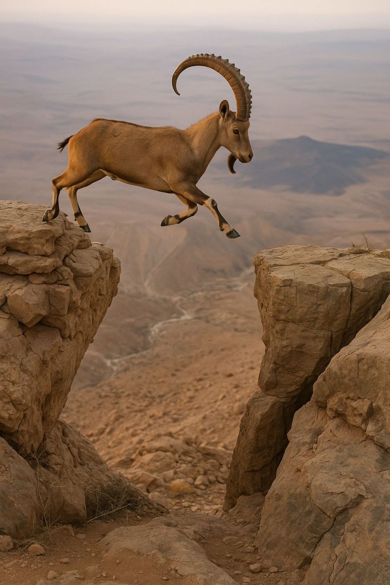Animal chevre bouquetin sauter bondir montagne nature air rocher rocheux ciel faune sauvage animaux falaises deserts Une chèvre sauvage, peut-être un bouquetin, saute gracieusement d'une falaise rocheuse à une autre dans un paysage désertique accidenté. La chèvre a un pelage brun clair, des cornes recourbées et une expression déterminée. Elle est en plein saut, avec ses pattes avant étendues vers l'avant et ses pattes arrière repliées sous son corps. Les falaises sont abruptes et rocheuses, avec une végétation clairsemée accrochée aux rochers. Le ciel est clair et bleu, avec une chaîne de montagnes lointaine visible en arrière-plan.