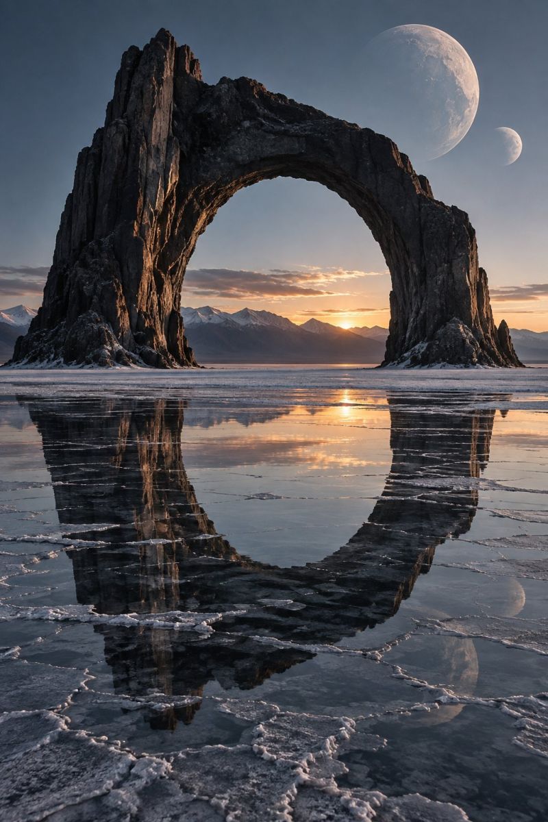 Arche reflexion eau lune coucher soleil ciel nature glace montagnes horizon nuages ombre roche formation Une grande formation rocheuse avec une structure en forme d'arche se dresse au milieu d'un lac gelé, reflétant le ciel et la lune. L'arche est faite de roche sombre et accidentée, et son reflet est visible dans l'eau. Le ciel est bleu avec un soupçon d'orange dû au soleil couchant, et deux lunes sont visibles dans le ciel, l'une plus grande que l'autre. Au loin, il y a des montagnes enneigées.