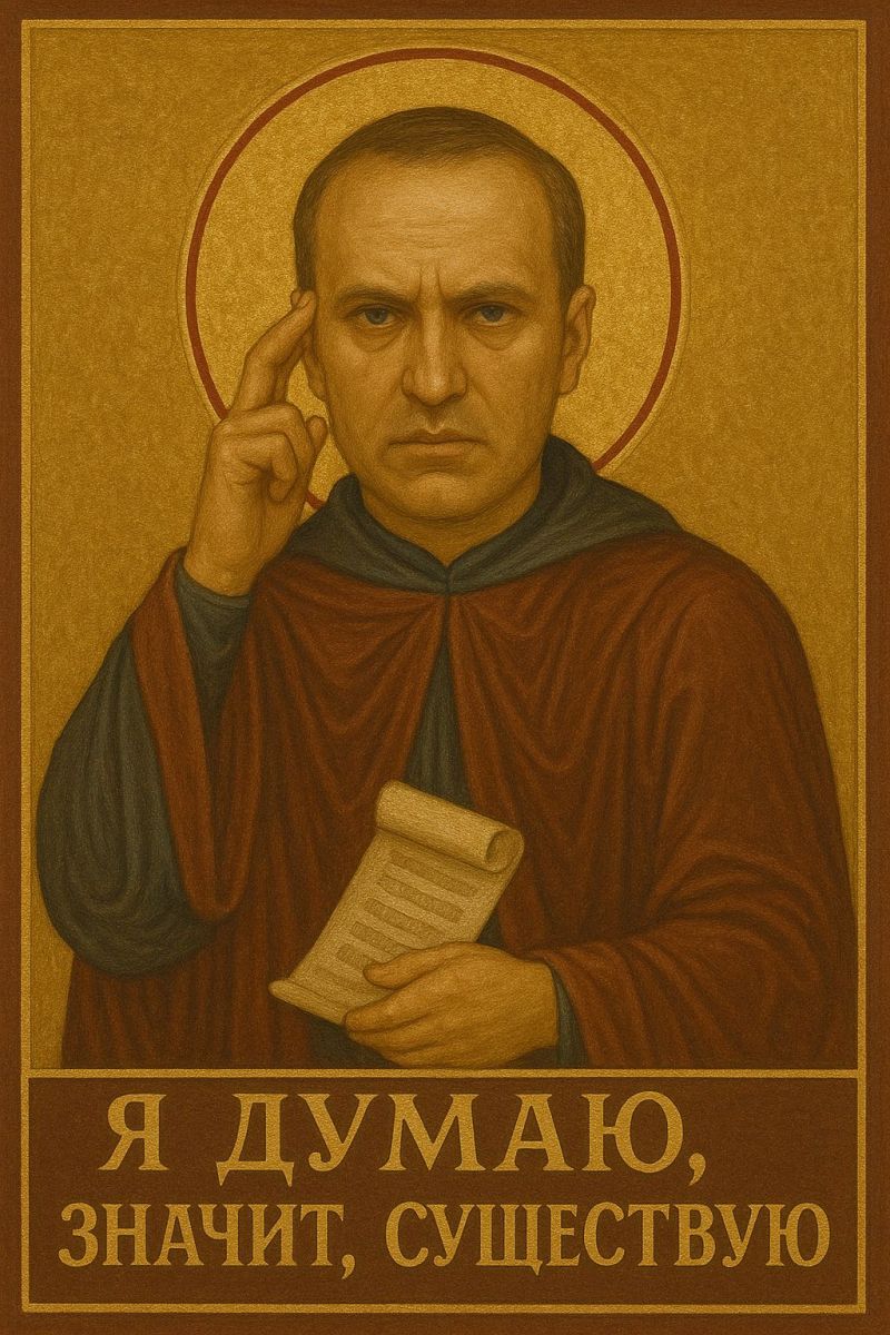 Painting man religious saint christianity orthodox gold scripture hand finger ear robe cape halo expression serious man dressed in a red robe with a blue undergarment, holding a rolled piece of paper in his right hand. He has a contemplative expression, with his left hand gently touching his forehead. The background is a golden hue with a red halo around his head, suggesting a religious or spiritual context. The text below the image reads 
