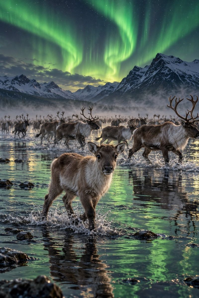 Reindeer wildlife migration water reflection mountains snow fog clouds stars herd running nature outdoors aurora borealis northern night sky green A herd of reindeer is crossing a river under a sky filled with the Northern Lights. The reindeer have large antlers and are in various positions, some running and others standing. The river is calm, reflecting the vibrant green lights from the sky. In the background, there are snow-covered mountains, and the sky is dark with a mix of green and yellow hues from the aurora borealis. The scene is set in a cold, wintry landscape.