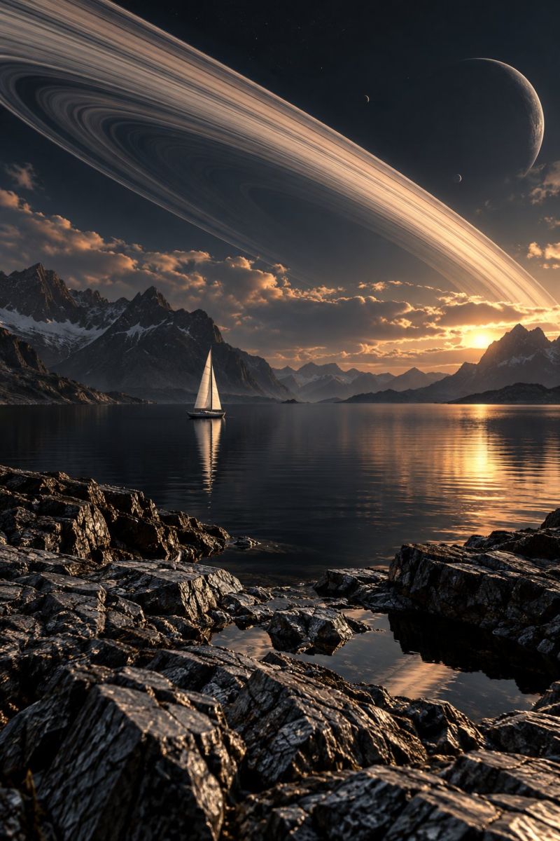 Space astronomy universe planet cosmos star galaxy nebula celestial cosmic astrophysics solar system outer exploration lover enthusiast A serene scene features a sailboat gliding on a calm body of water, with its reflection mirroring on the surface. The water is surrounded by rugged rocks and cliffs. In the background, majestic mountains are silhouetted against a vibrant sunset sky, with hues of orange and pink. Above the mountains, a large planet with rings is visible, adding a fantastical element to the landscape. The sky is dotted with stars, and there are two smaller moons in the distance.