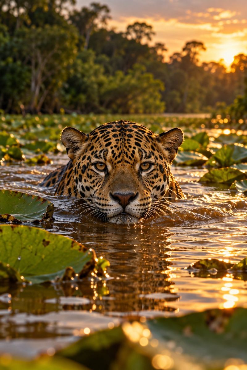 Jaguar wildlife animal nature sunset lake water predator mammal feline carnivore jungle habitat endangered conservation outdoors wild ecology big cat A jaguar is swimming in a body of water, possibly a river, with its head above the water. The jaguar has a distinctive coat of black spots and a white underbelly. The water is calm, and there are large green leaves floating on the surface. In the background, there are trees and a setting sun, casting a warm glow on the scene.