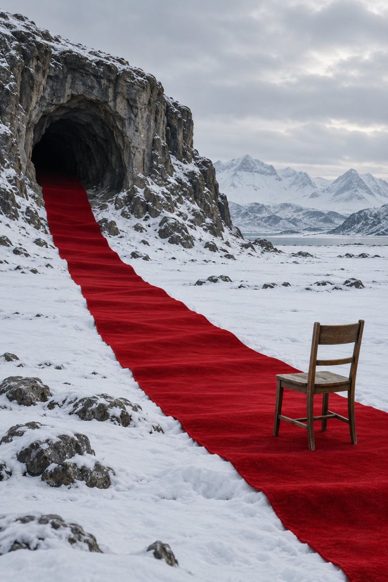 Snow tunnel mountain rock ice winter path iceberg iceland icelandic red carpet wooden chair mountains In a snowy landscape, a long red carpet stretches from the entrance of a cave carved into a rocky cliff. The cave entrance is dark and leads into the mountain. The carpet is bordered by snow and rocks, and it leads to a wooden chair placed on the right side of the carpet. In the background, there are snow-covered mountains and a body of water, possibly a lake or sea, under a cloudy sky.