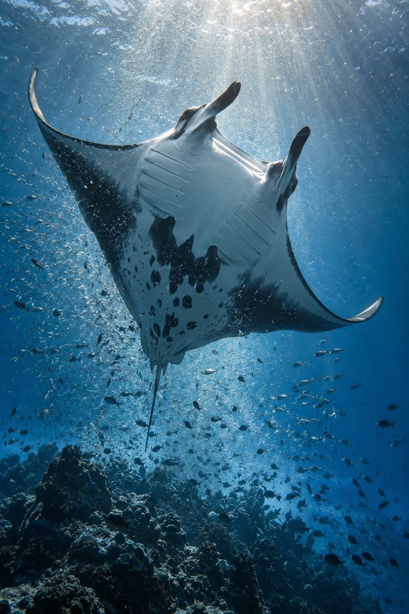 Ocean poisson sous marin natation mer faune aquarium tropical recif nature plongee apnee corail manta raie vie marine ecole Une grande raie manta au corps blanc et aux nageoires noires nage gracieusement dans l'océan. Ses ailes sont largement déployées et il semble planer dans l'eau. L'eau est claire et la lumière du soleil filtre à travers, créant une scène magnifique. De nombreux petits poissons nagent autour de la raie manta, ce qui contribue au dynamisme de l'environnement sous-marin. Le fond de l'océan est visible, recouvert de roches et de coraux.
