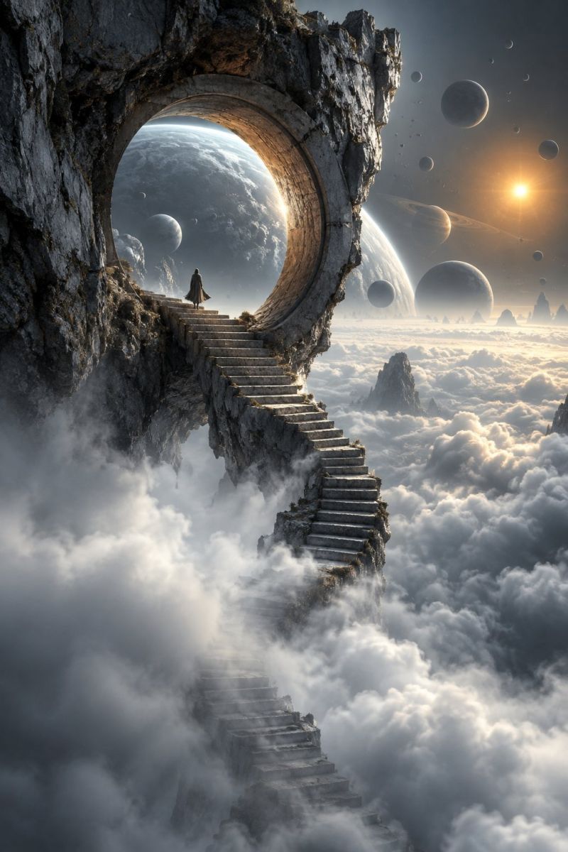 Espace planete ciel nuage univers cosmos galaxie etoile asteroide astral celeste astronomie astrophysique cosmologie vaisseau spatial satellite explor Une personne se tient debout sur un escalier en pierre qui descend en spirale dans un paysage nuageux brumeux. L'escalier est entouré de falaises rocheuses et les nuages sont épais et denses. La personne est vêtue d'un vêtement long et fluide et semble regarder au loin. À l'arrière-plan, une grande ouverture circulaire permet de voir une planète et d'autres corps célestes. Le ciel est d'un bleu profond et plusieurs planètes et lunes sont visibles au loin.