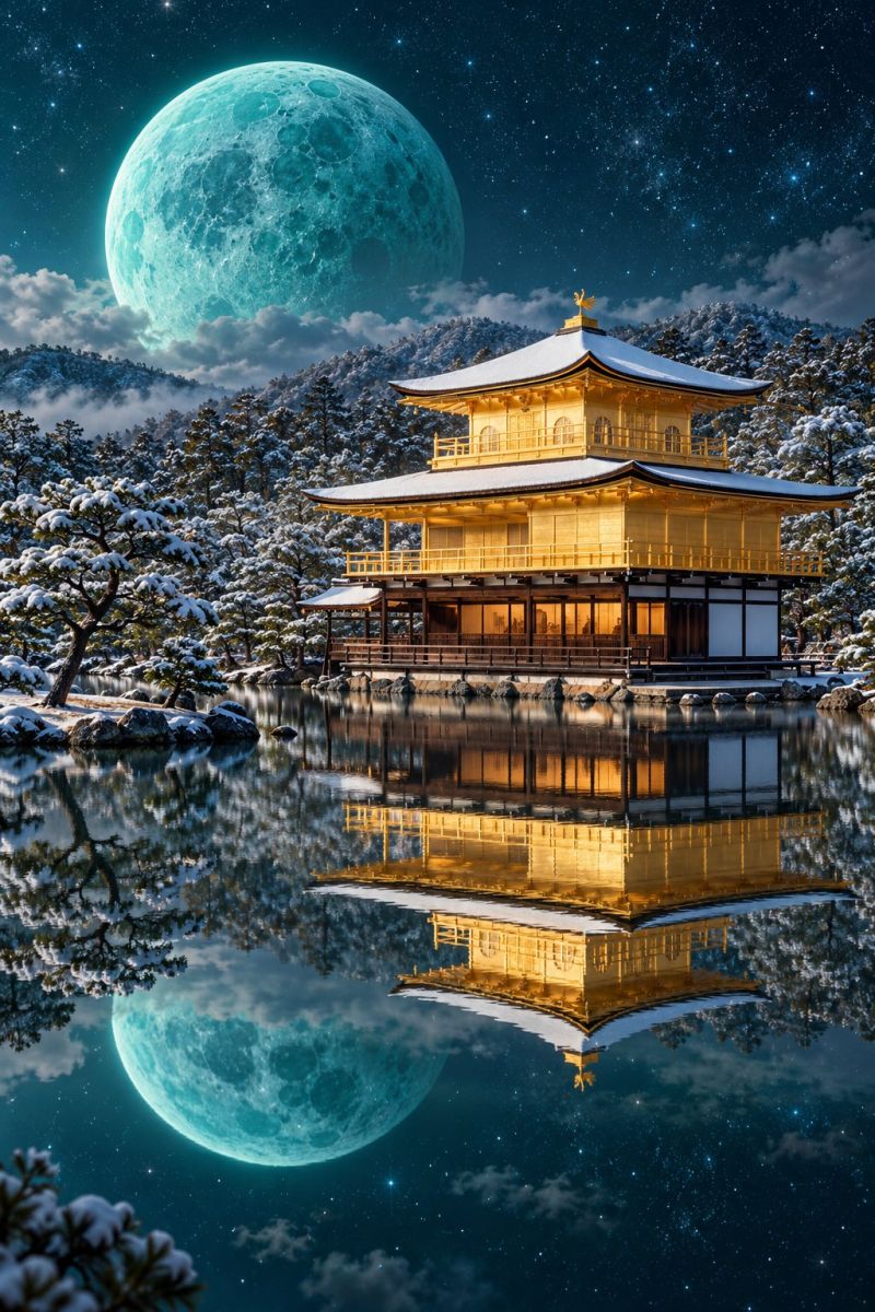 Temple architecture building sky night moon reflection water lake snow winter clouds stars trees golden zen meditation tranquility nature golden temple with a tiled roof, situated on the edge of a serene lake. The temple's reflection is perfectly mirrored in the calm water below, creating a symmetrical visual effect. The temple is surrounded by snow-covered pine trees, adding a touch of winter to the scene. In the background, a large, glowing moon hangs in the sky, casting a soft, ethereal light over the entire landscape. The sky is a deep blue, dotted with stars, contributing to the tranquil and mystical atmosphere of the image.