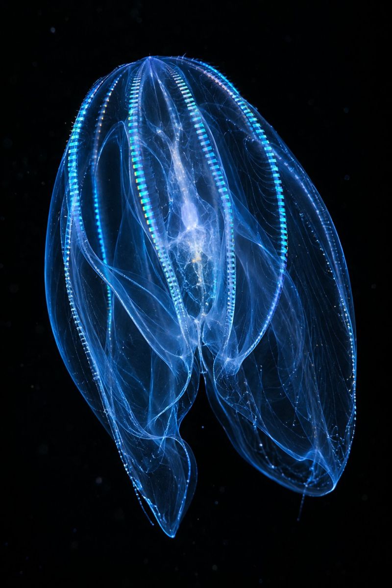 Ctenophore bleu bioluminescent eau noire magnifique prise précise montrant les méfaits sauvage des activités humaines sur la biodiversité sur la ctenophore bleu bioluminescent eau noire