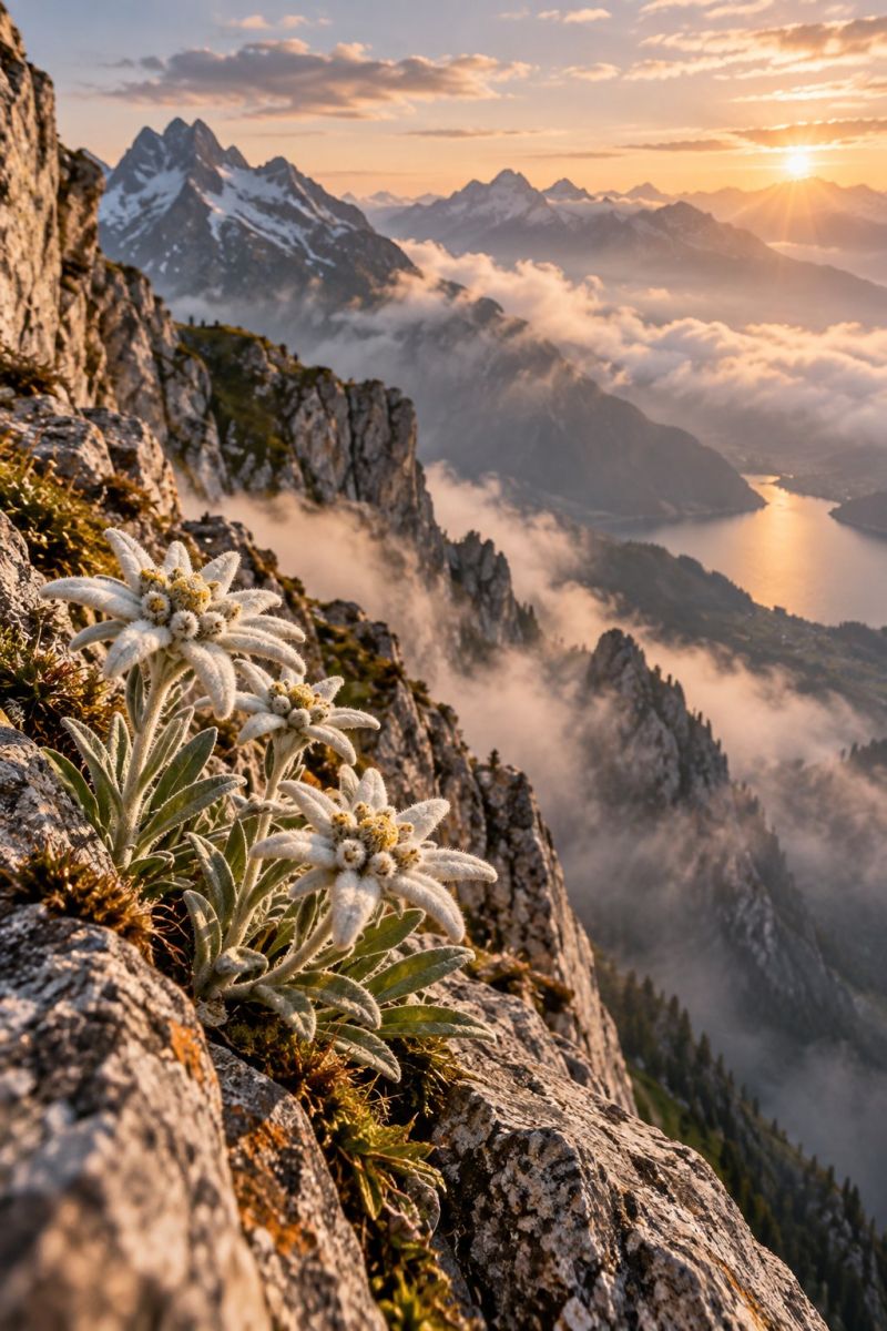Mountain sunset clouds flower rock nature sky hill water sun fog valley sea meadow forest grass tree range A breathtaking view of a mountain landscape at sunset. In the foreground, a cluster of white alpine flowers with yellow centers grows on a rocky cliff. The flowers are surrounded by green moss and small plants. The mountain range is covered in snow, with a lake reflecting the golden sunset in the distance. The sky is filled with clouds, and the sun's rays illuminate the scene, creating a warm and serene atmosphere.