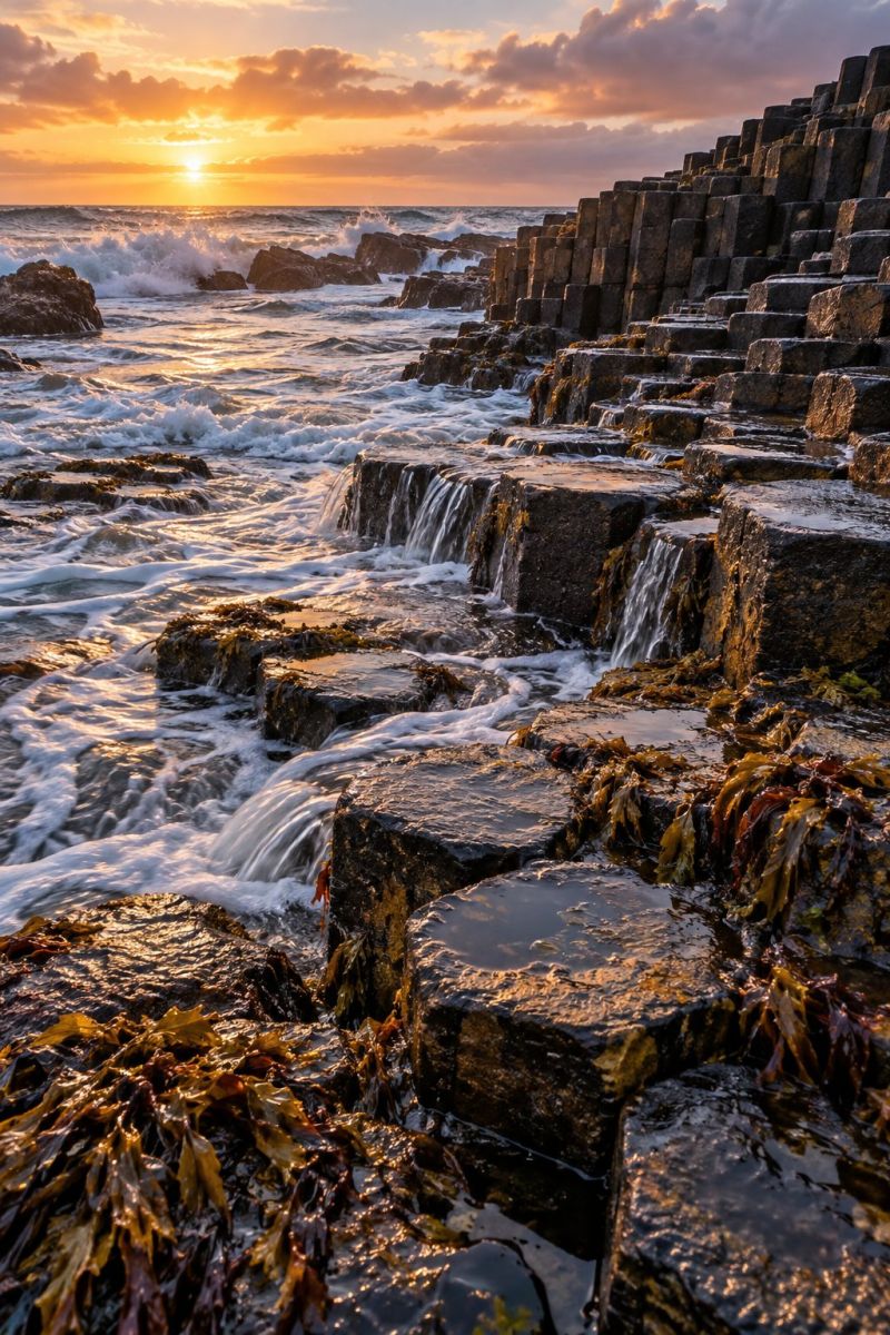 Rocks sea water sun sunset ocean waves cliff seascape nature rock dramatic coastal scene at sunset. The sun is setting on the horizon, casting a warm, golden light across the scene. The ocean is rough, with waves crashing against the rocky coastline. The rocks are jagged and uneven, with some forming natural arches and others jutting out into the water. The rocks are covered in algae and seaweed, adding a touch of green to the scene. The sky is a mix of orange, pink, and blue, with clouds scattered throughout. The overall mood of the image is one of tranquility and beauty, with the natural elements of the ocean and rocks creating a stunning back for the setting sun.