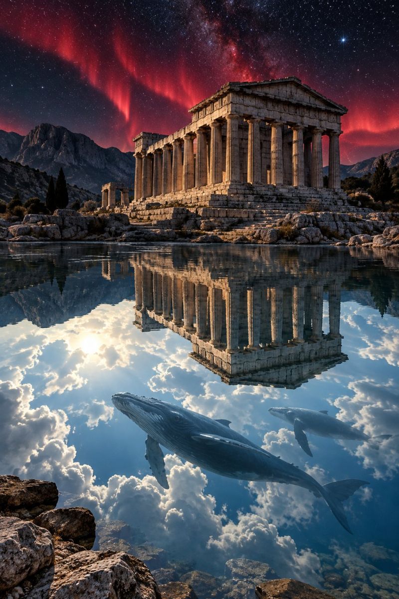 Architecture astronomy building cloud clouds composition design dolphin dolphins fantasy fictional fish imagination mountain night n ancient temple with a classical architectural design, prominently reflected in a calm body of water. The temple is surrounded by a mountainous landscape, with trees and greenery visible in the background. The sky above is a deep, starry night sky with a striking red aurora borealis stretching across it, adding a surreal and magical quality to the scene. Two large whales are depicted in the water, swimming gracefully and adding a sense of wonder and scale to the image. The overall scene combines elements of nature, architecture, and fantasy, creating a visually stunning and imaginative composition.