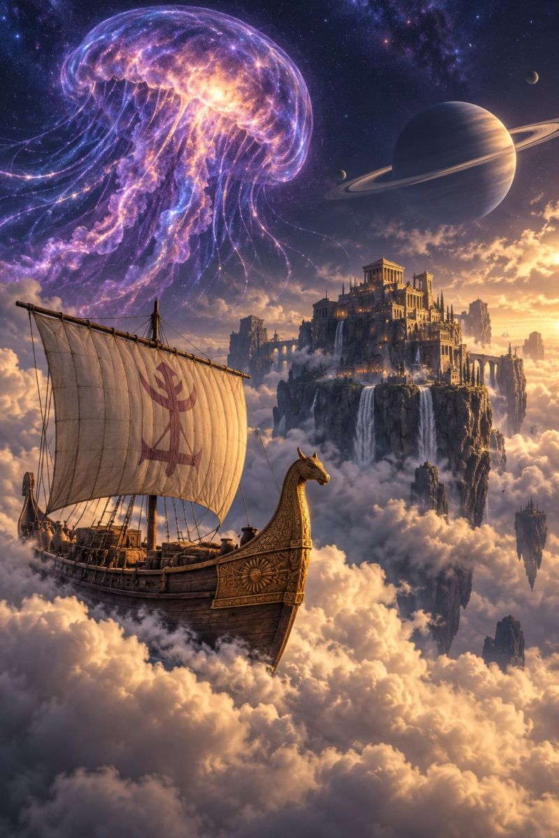Ship fantasy castle dragon cloud sky water world scenery concept design In the foreground, a Viking ship with a golden horse head at the bow sails through thick clouds. The ship's sail is white with a red symbol. Behind the ship, a large castle with a waterfall cascading down its side is perched on a rocky cliff. Above the castle, a planet with rings is visible in the sky. To the left of the castle, a large, glowing jellyfish with a mix of purple and yellow colors floats against a back of stars and a nebula.
