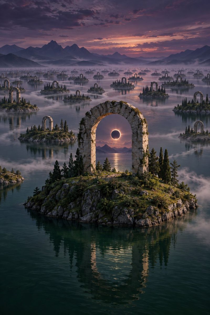 Coucher soleil ciel eau ile arche reflet montagne nuage brouillard arbres roche nature mer horizon sombre Au centre de l'image, il y a une grande arche en pierre sur une petite île, avec le soleil partiellement éclipsé derrière elle. L'île est entourée d'eau et possède quelques arbres et plantes. Au loin, il y a de nombreuses petites îles avec des arcades en pierre similaires, créant un paysage surréaliste et mystique. Le ciel est d'un violet foncé, avec des nuages et un soupçon d'orange dû au soleil couchant. Les montagnes en arrière-plan sont enveloppées de brouillard, ce qui ajoute à l'atmosphère onirique de la scène.