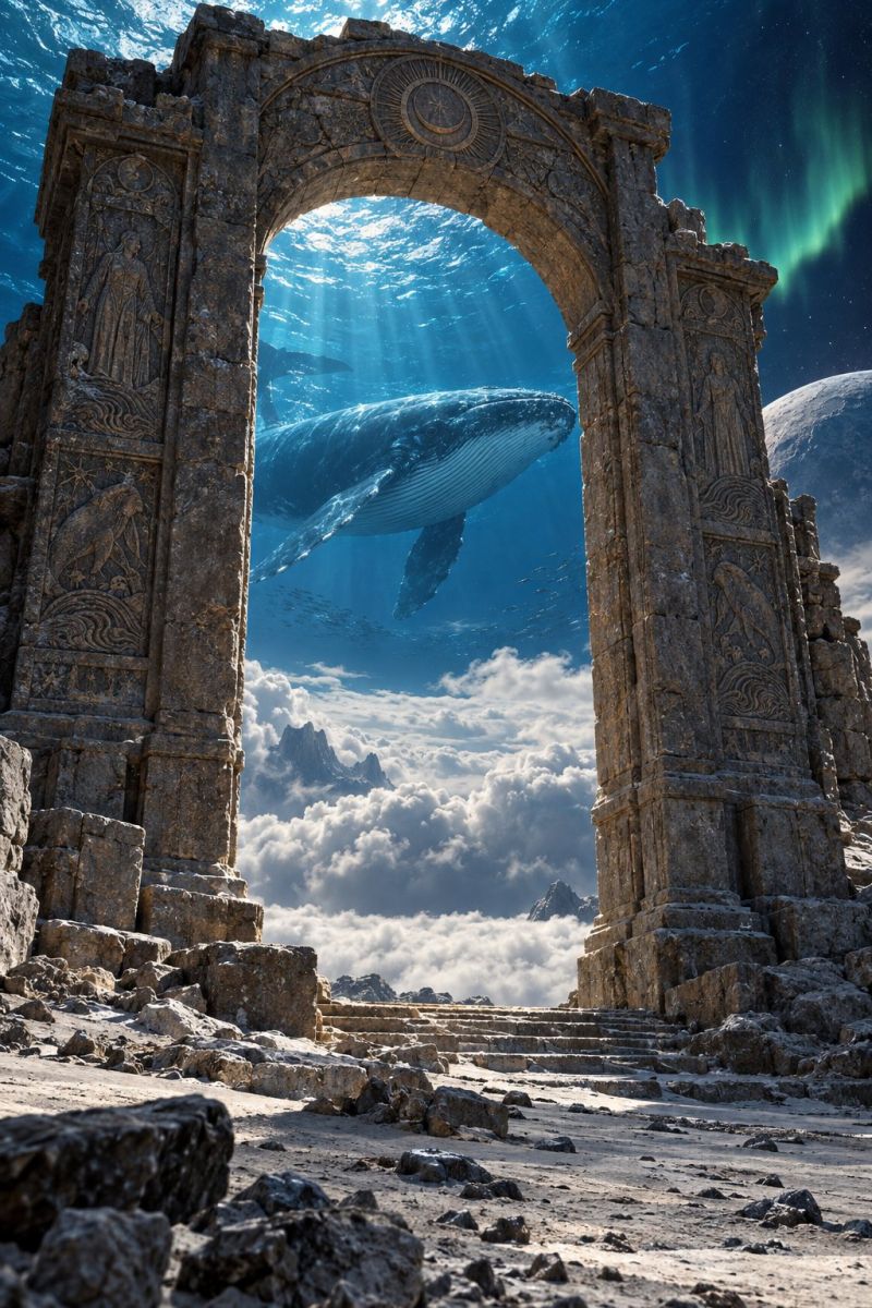 Architecture bridge cloud clouds concept design fantasy fiction fish gate nature ocean painting portal sculpture stone large, ancient stone archway with intricate carvings, standing in the middle of a rocky landscape. Through the archway, a large humpback whale is swimming in the ocean, with sunlight streaming through the water, illuminating the scene. The sky above is filled with clouds, and in the distance, there is a glimpse of a planet with auroras visible. The archway is surrounded by scattered rocks and stones, and the overall scene has a mystical and otherworldly feel.