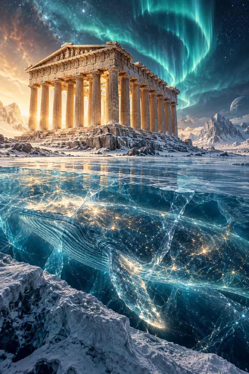 Architecture aurora building classical borealis temple ruins structure texture grand ancient temple, possibly the Parthenon, standing majestically on a rocky platform. The temple is illuminated by the warm glow of the setting sun, casting long shadows on the ground. The sky above is a stunning blend of orange and pink hues, transitioning into a deep blue as the sun sets. In the foreground, a large whale is partially submerged in the icy waters, its body glowing with a soft, ethereal light. The water is crystal clear, reflecting the vibrant colors of the sky and the temple. In the background, majestic mountains are covered in snow, adding to the serene and awe-inspiring atmosphere. The scene is further enhanced by the presence of the Aurora Borealis, with its vibrant green and purple lights dancing across the sky.