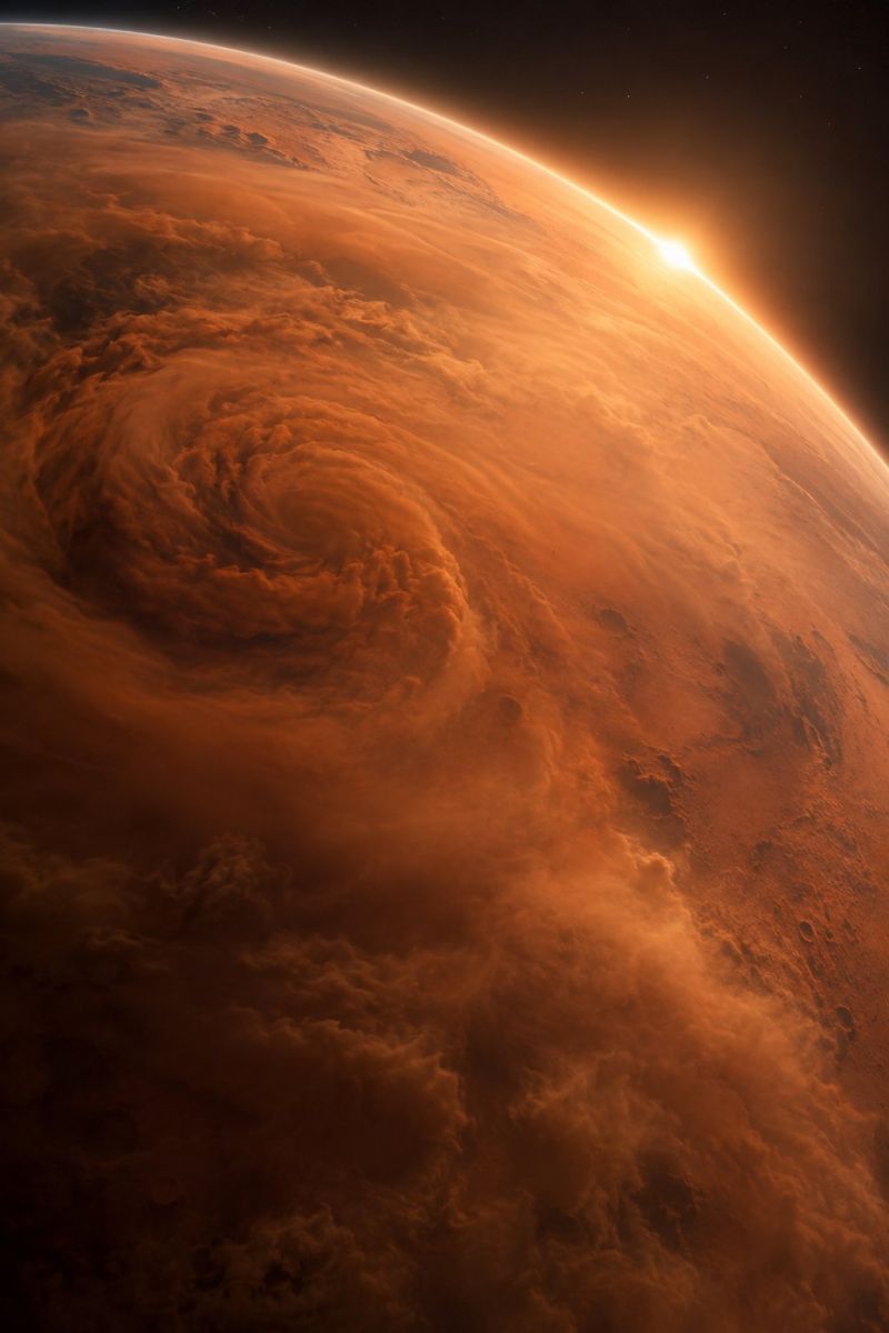 Planet mars space atmosphere sun clouds dust storm solar eclipse astronomy cosmos celestial universe exploration astrophysics orbital satellite telesc vast, reddish landscape planet, likely Mars, with a swirling storm system in the foreground. The storm is a large, spiral-shaped cloud formation, swirling with intense orange and brown hues. The planet's surface is dotted with craters and has a rugged terrain. The sky is dark, with a bright, glowing light source, possibly the sun, illuminating the scene from the right side, casting a warm glow over the landscape. The overall atmosphere is dramatic and otherworldly, with a sense of vastness and isolation.