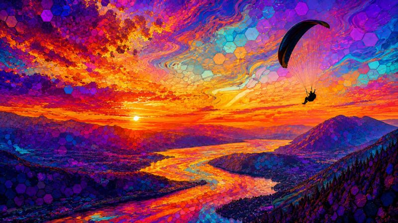 Coucher soleil ciel montagne parapente eau riviere vallee nuages orange rouge jaune violet bleu vert arbres foret aventure voyage nature coucher de soleil vibrant sur un paysage montagneux. Le ciel est inondé d'un dégradé de couleurs, passant du violet et du bleu profonds au sommet à des oranges et des jaunes ardents à l'horizon. Le soleil se couche, projetant une lueur chaude sur la scène. Au premier plan, une personne fait du parapente, sa silhouette visible sur le ciel coloré. Le parapente est suspendu dans les airs et le parachute flotte au-dessus d'eux. En contrebas, une rivière serpente dans la vallée, reflétant les couleurs du coucher de soleil. Les montagnes sont accidentées et couvertes d'arbres, ce qui ajoute de la profondeur au paysage. L'effet global est surréaliste, avec un motif semblable à une mosaïque recouvrant la scène, renforçant la qualité vibrante et onirique de l'image.