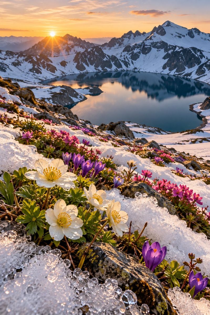 Mountains lake sunset snow flowers rocks water sky nature reflection clouds sun ice rock flower hill hillside rocky mountain range The image captures a breathtaking alpine landscape at sunset. In the foreground, a variety of colorful flowers, including white, pink, and purple blossoms, are blooming amidst patches of snow and ice. The flowers are nestled among rocks and green foliage, adding a vibrant contrast to the snowy surroundings. The scene is set against a back of majestic snow-capped mountains, with a serene lake reflecting the golden hues of the setting sun. The sky above is a mix of warm sunset colors, with soft clouds adding to the tranquil atmosphere. The overall composition showcases the beauty of nature in a high-altitude environment, where winter and spring coexist in a delicate balance.