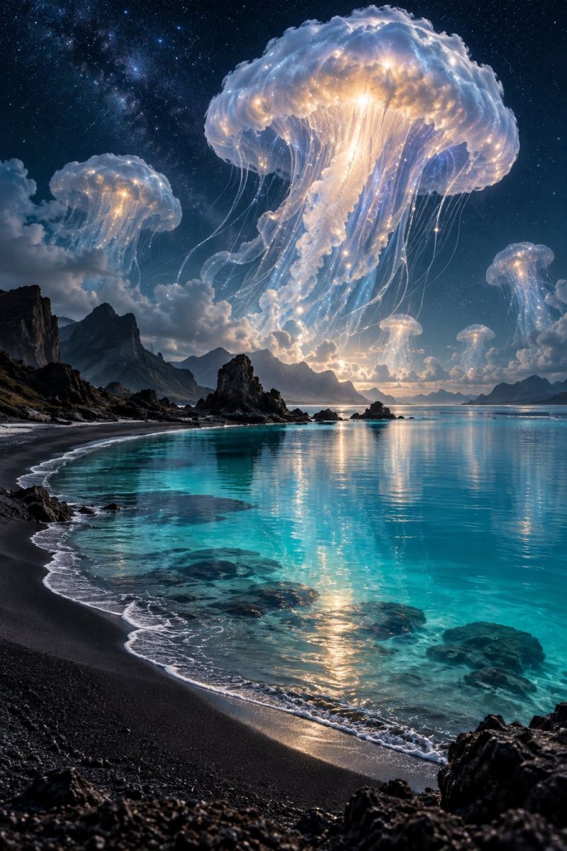 Ocean beach water sky night clouds rocks mountains rock sea sunset reflection waves shore shoreline rocky surreal scene with large, glowing jellyfish floating above a serene beach at night. The jellyfish are translucent with long, flowing tentacles that emit a soft, ethereal light. The beach is adorned with black sand and scattered rocks, with a calm, turquoise ocean reflecting the moonlight and stars. In the background, rugged cliffs and mountains are silhouetted against the night sky, which is dotted with stars and a hint of the Milky Way. The overall atmosphere is tranquil and otherworldly, blending elements of nature and fantasy.