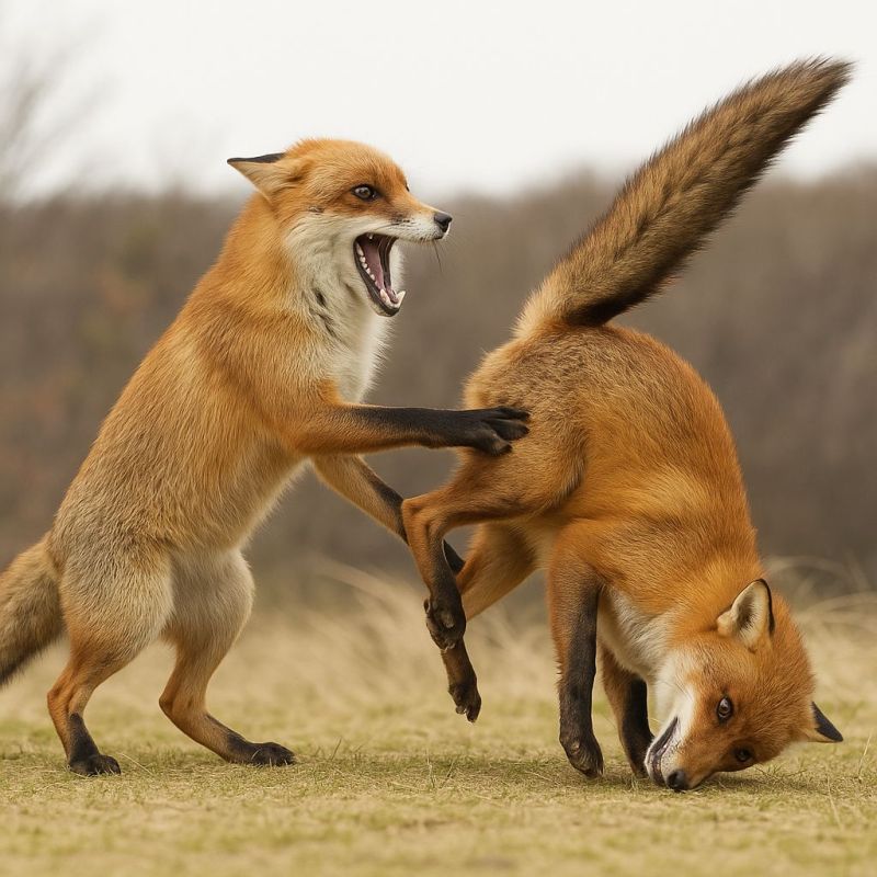 Renard animal faune nature mammifere predateur combat jeu herbe fourrure queue griffes pattes sol arbres ciel jour sauvage comportement Deux renards roux sont engagés dans une bagarre ludique sur un champ gazonné. Le renard de gauche a la bouche ouverte, montrant ses dents, et tend ses pattes avant vers l'autre renard. Le renard de droite est sur le dos, les pattes en l'air, et tend également ses pattes avant. Les deux renards ont des queues touffues et sont couverts d'un pelage brun-rouge. En arrière-plan, il y a des arbres et un ciel clair.