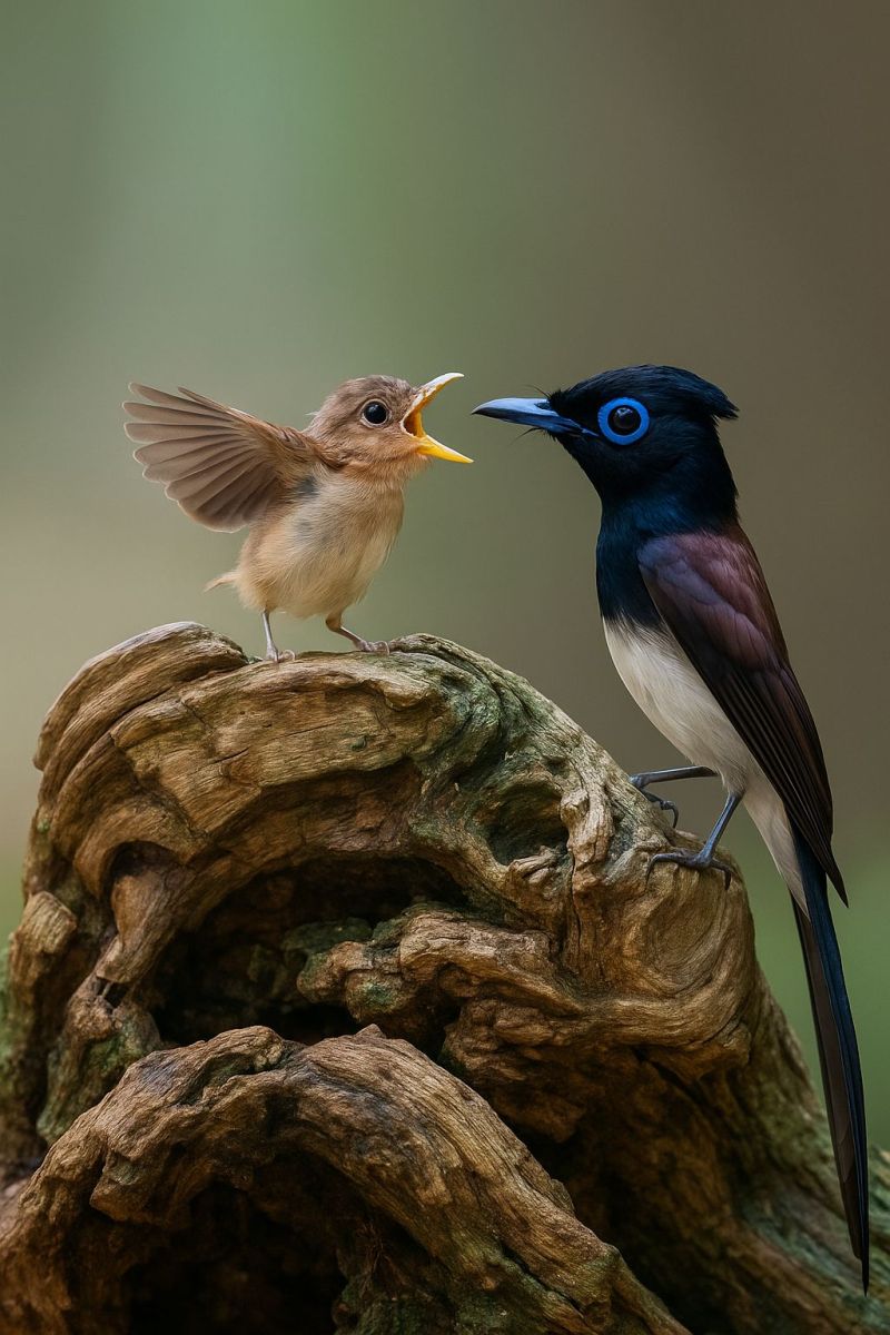 Bird wildlife nature feathers animal outdoors tree perch beak eye wing tail birdwatching birdlife aviary ornithology feather birding Two birds are perched on a tree stump. The bird on the left has a light brown body, a yellow beak, and its wings are spread out. The bird on the right has a black head, a white chest, and a blue eye. Its beak is blue, and its tail feathers are long and black. The background is blurry, with a hint of green.