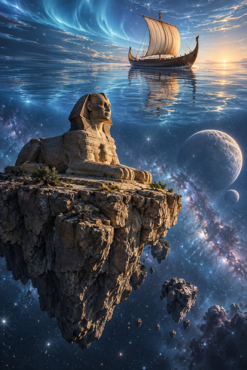 Ancient architecture astronomy boat celestial cosmos culture desert egypt egyptian exploration fantasy history imagination legend mythology ocean oute In the foreground, a large rock formation floats in space, with a majestic Sphinx statue perched on top. The Sphinx has a human head and a lion's body, gazing forward with a serene expression. To the left of the rock, a Viking ship with a white sail glides across the calm, blue waters below. The sky above is a blend of blue and orange hues, with a setting sun casting a warm glow. In the background, a large planet and a smaller moon are visible, surrounded by stars and nebulae, creating a surreal and otherworldly atmosphere.