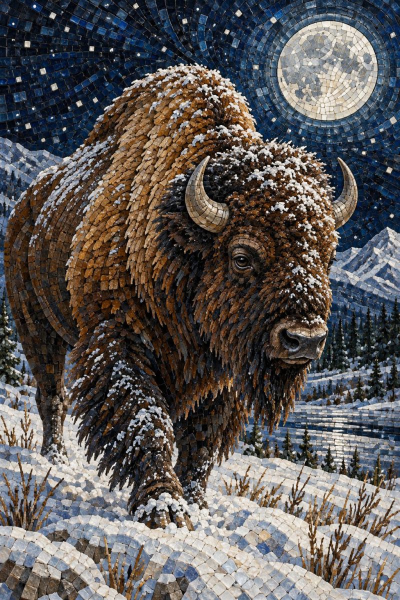 Buffle hiver neige mosaique nature faune animal design texture pierre brique illustration détaillée en mosaïque d'un bison debout dans un paysage enneigé. Le bison est représenté avec un pelage épais et hirsute, et sa fourrure est un mélange de brun et de blanc, avec des plaques de neige sur le dos et la tête. Le bison a de grandes cornes incurvées et une expression sévère. Le fond est une mosaïque de carreaux bleus et blancs, créant un ciel nocturne étoilé avec une pleine lune au centre. La lune est entourée d'une mosaïque de carreaux bleus qui lui donnent un aspect étoilé. Le paysage enneigé est également représenté en mosaïque, avec des plaques de neige et de petits arbres nus.