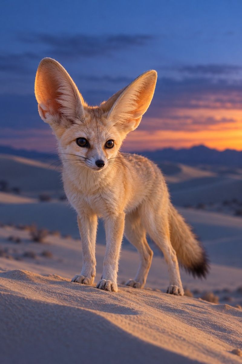 Animal faune desert coucher soleil renard nature mammifere air sable canin carnivore Un renard fennec se dresse sur une dune de sable, ses grandes oreilles et sa queue touffue étant visibles sur fond de soleil couchant. Le ciel est un mélange de bleu et d'orange, les rayons du soleil projetant une lueur chaude sur la fourrure du renard. Le pelage du renard est brun clair avec un ventre blanc. Il a un petit nez pointu et des yeux foncés. Le sable doré qui se trouve sous le renard semble faire partie d'un paysage désertique plus vaste, avec des collines lointaines visibles en arrière-plan.