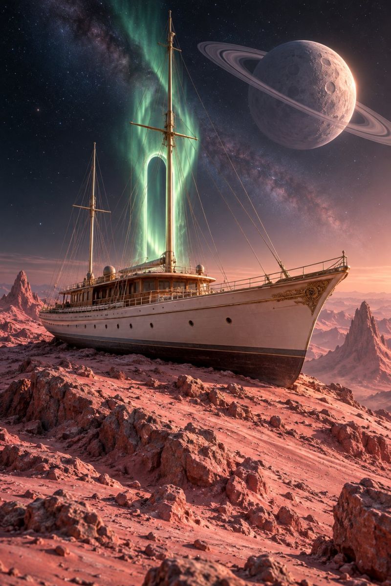 Spaceship space ship A large, luxurious yacht is stranded on a rocky, reddish terrain, possibly on a desert planet. The yacht has a classic design with ornate details, including a golden railing and decorative elements on the hull. Two tall masts with ropes and sails are visible. In the background, a large planet with rings, resembling Saturn, is visible against a dark sky filled with stars. Above the yacht, a vibrant aurora borealis, or northern lights, illuminates the sky with green and white hues. The scene combines elements of space exploration with a sense of adventure and mystery.
