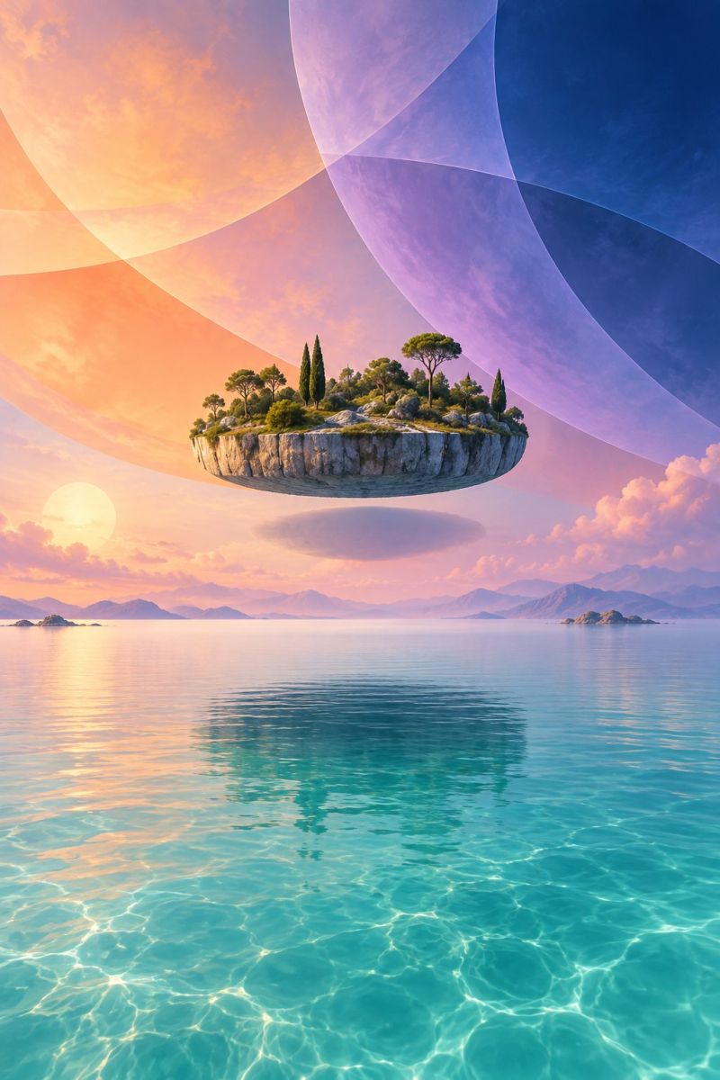 Ile ocean ciel eau nuage coucher soleil nature rocher arbre montagne reflet horizon mer nuages jour Une île flottante avec des arbres et des rochers est suspendue dans le ciel au-dessus d'un vaste océan. Le ciel est un dégradé de rose et de bleu, avec un grand soleil brillant au loin. L'eau en contrebas est calme et reflète les couleurs du ciel. À l'arrière-plan, il y a des montagnes et la silhouette d'une masse continentale.
