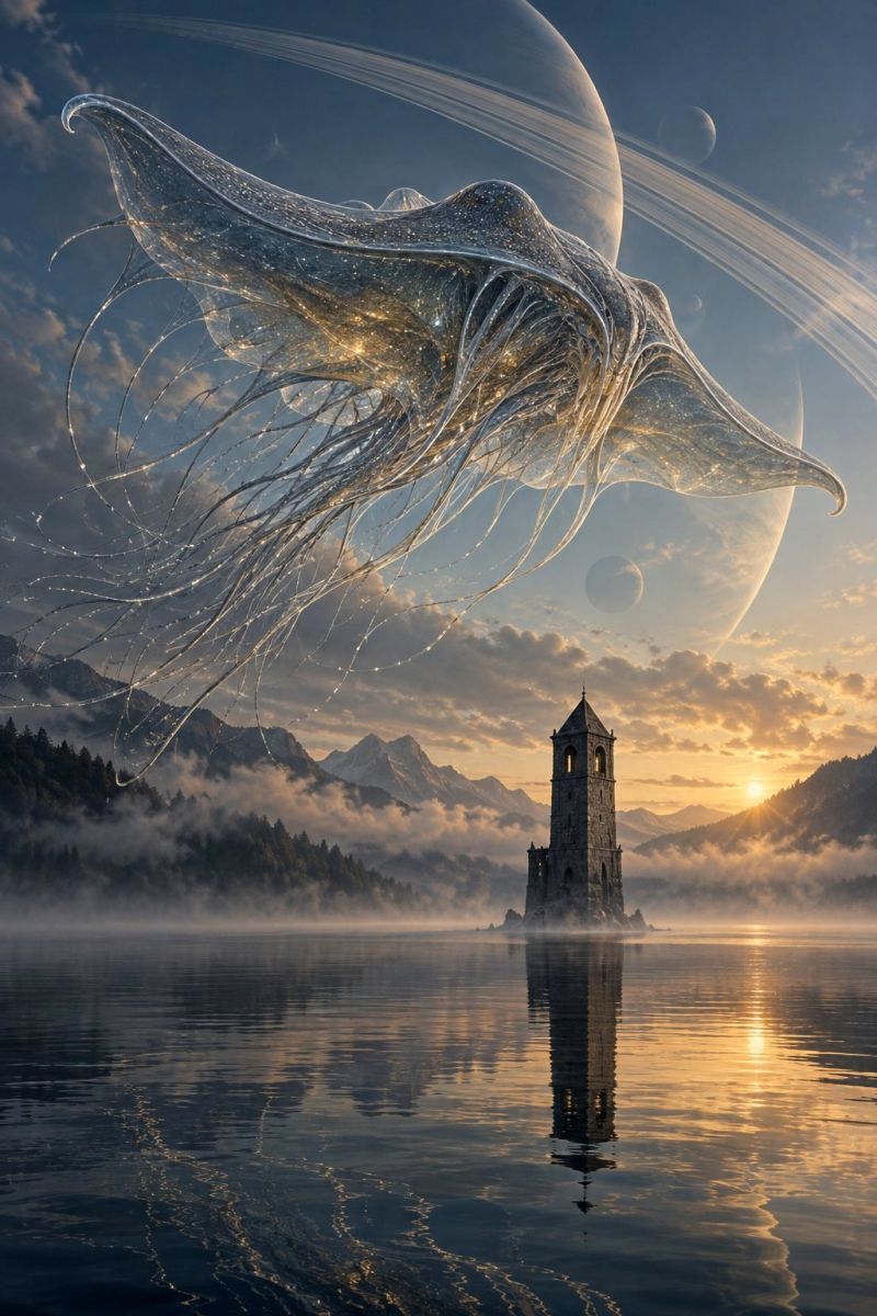Extraterrestre extraterrestres beau concept creature creatures fantastique fiction fictif volant imagination imaginaire lac montagne Au premier plan, un lac paisible reflète une haute et ancienne tour de pierre au sommet pointu. La tour se dresse sur une petite île entourée de brume. Au-dessus de la tour, une grande créature translucide ressemblant à une méduse flotte gracieusement, son corps scintillant d'une teinte dorée. Le ciel est un mélange de bleu et d'orange, indiquant l'aube ou le crépuscule. En arrière-plan, des montagnes majestueuses sont partiellement couvertes de brouillard, avec une grosse planète visible dans le ciel, entourée d'anneaux. La scène est tranquille et surnaturelle, mêlant des éléments de la nature et de la fantaisie.