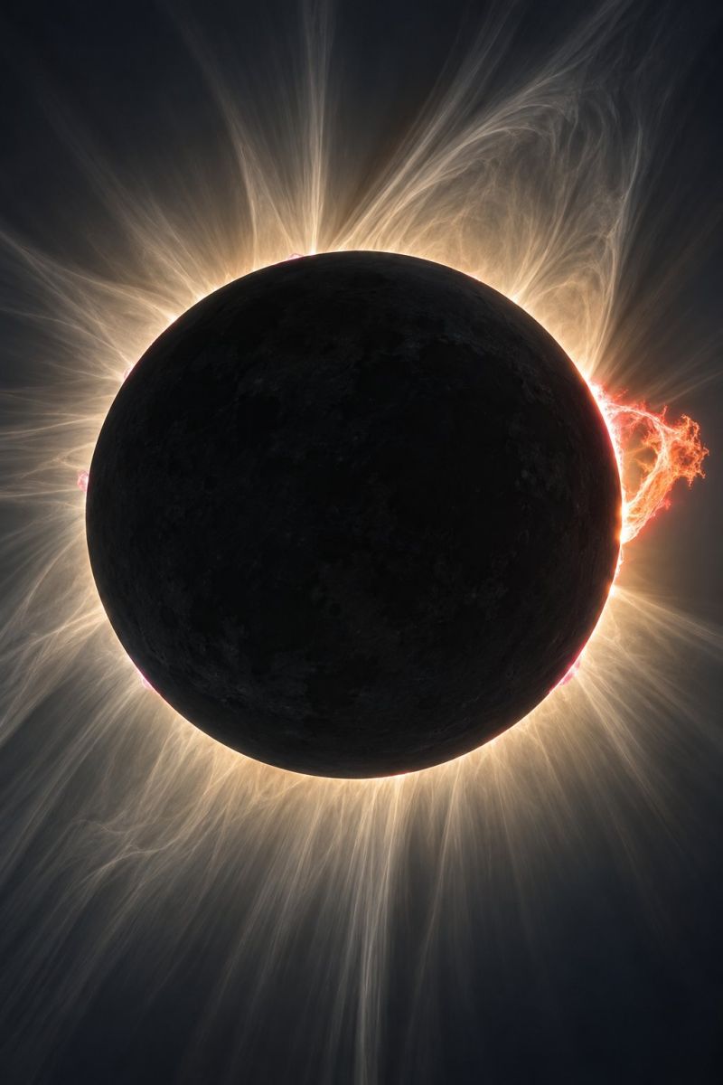 Soleil couronne atmosphere obscurite luminosite espace astronomie celeste etoile cosmique univers astronomique cosmologie astrophysique eclipse solair éclipse solaire totale avec la lune recouvrant complètement le soleil. La couronne solaire, la partie la plus externe de l'atmosphère du soleil, est visible sous la forme d'un halo brillant autour de la lune. La couronne semble être composée de fines couches de plasma vaporeuses illuminées par la lumière du soleil. La surface du soleil est sombre et semble être dans l'ombre, avec seulement quelques petits points lumineux visibles. Le ciel autour du soleil est sombre et semble totalement noir, aucune autre étoile ou corps céleste n'étant visible.