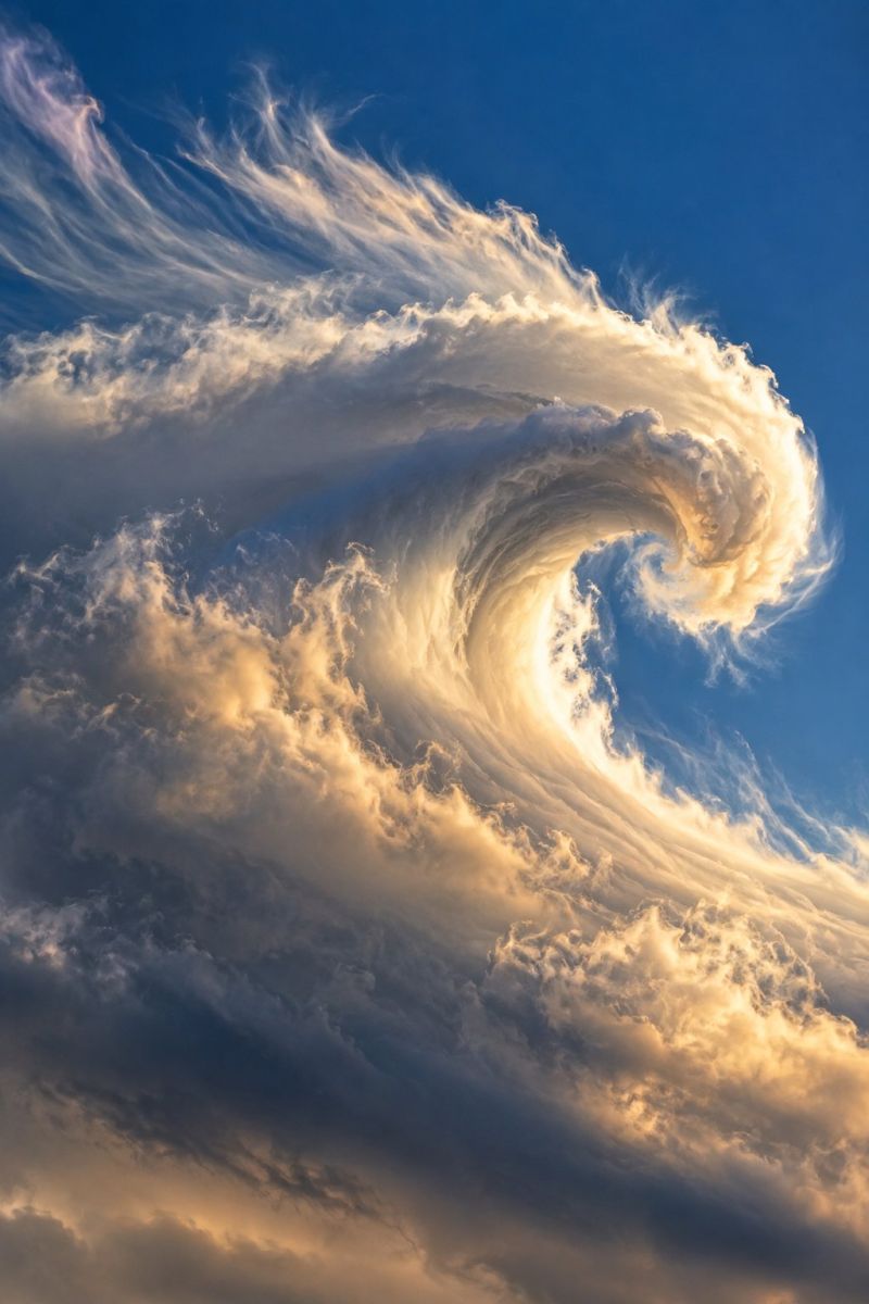 Ciel nuage vague meteo atmosphere soleil nature nuageux jour ensoleille lever coucher luminosite L'image montre une formation nuageuse spectaculaire et dynamique qui ressemble à une vague dans le ciel. Le nuage est grand et s'étend vers le haut, avec un motif tourbillonnant distinct qui imite la crête d'une vague. Le nuage est illuminé par le soleil, projetant une teinte dorée sur sa surface et créant un contraste saisissant avec le bleu profond du ciel. Le ciel lui-même est clair et éclatant, aucun autre nuage n'étant visible, ce qui permet au nuage ondulé de se détacher de manière visible. La scène d'ensemble est empreinte de beauté et de puissance naturelles, la formation des nuages semblant presque surnaturelle.
