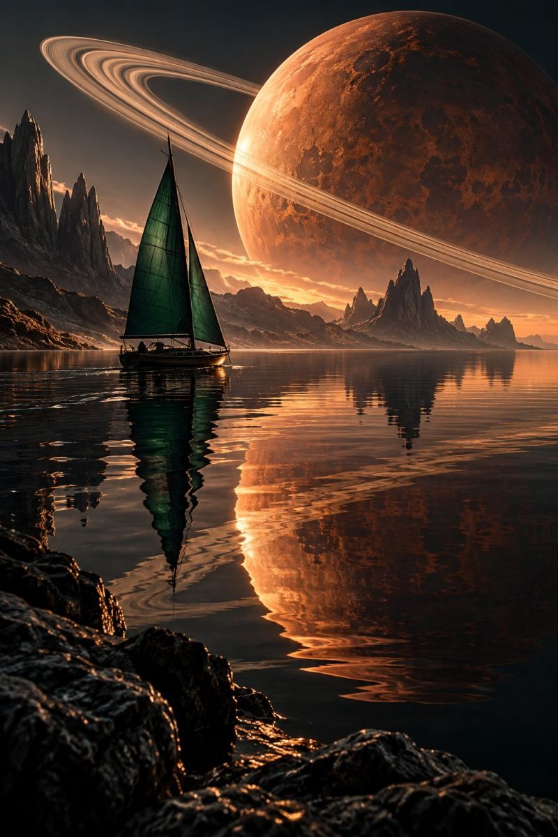 Espace planete lune eau reflexion bateau voile ciel rocher montagne coucher soleil horizon obscurite nuit astronomie univers exploration Au premier plan, un voilier à la voile verte glisse sur un plan d'eau calme et réfléchissant. L'eau reflète le voilier, le rivage rocheux environnant et le paysage lointain et spectaculaire. Derrière le voilier, une grande planète rougeâtre domine le ciel, entourée d'un système d'anneaux. La surface de la planète est marquée par de profondes ombres et par quelques cratères visibles. Le ciel passe d'un bleu profond près de l'horizon à un bleu plus clair plus haut, avec des touches d'orange et de rose suggérant un coucher ou un lever de soleil. Le littoral rocheux est accidenté, avec des falaises déchiquetées et des rochers éparpillés. La scène d'ensemble se déroule sur fond de vaste paysage d'un autre monde, créant un sentiment d'exploration et d'aventure.