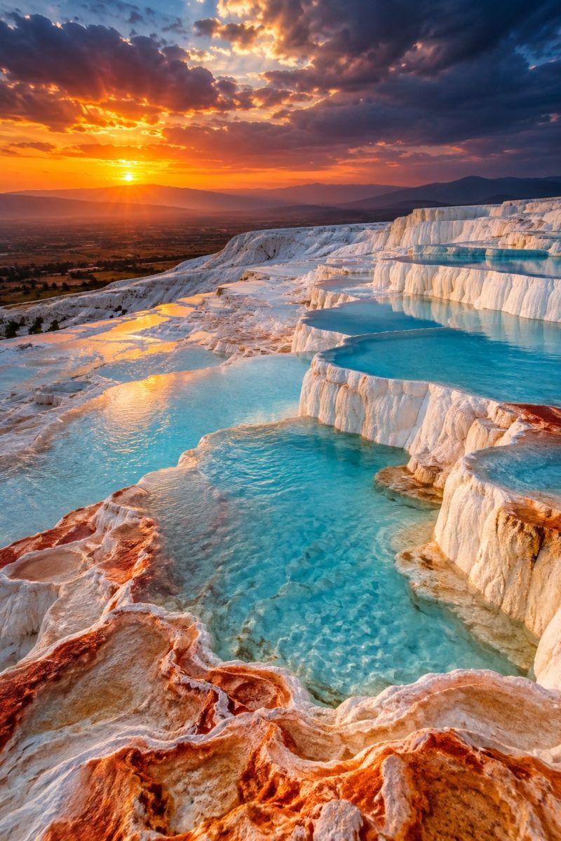 Sunset water sky nature pool rock mineral geology spring deposit formation stunning natural landscape at sunset. In the foreground, there are large, white, terraced mineral formations, resembling a natural pool or hot spring. The terraces are made of calcium carbonate and are layered in a step-like fashion. The water in the pools is a deep, clear blue, reflecting the vibrant colors of the sunset. The sun is setting on the horizon, casting a warm, golden light across the scene. The sky is a mix of deep oranges, pinks, and purples, with scattered clouds adding texture. In the background, there are rolling hills and a distant mountain range, with the sun's rays illuminating the landscape. The overall scene is serene and picturesque, showcasing the beauty of nature at its finest.