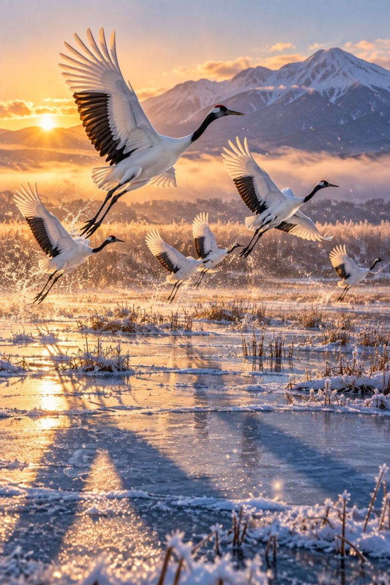 Birds cranes flight water lake mountains sunset sky nature wildlife outdoors waterfowl wetlands migration habitat conservation ecology environment A group of white cranes with black wings and red crowns are flying over a frozen lake. The lake reflects the setting sun, casting a warm glow on the scene. The cranes' wings are spread wide, and their feet are slightly raised, creating a dynamic and graceful image. In the background, there are snow-covered mountains, and the sky is a mix of orange and pink hues, indicating the time of sunset. The ground is covered with snow, and there are some patches of grass and small plants visible.