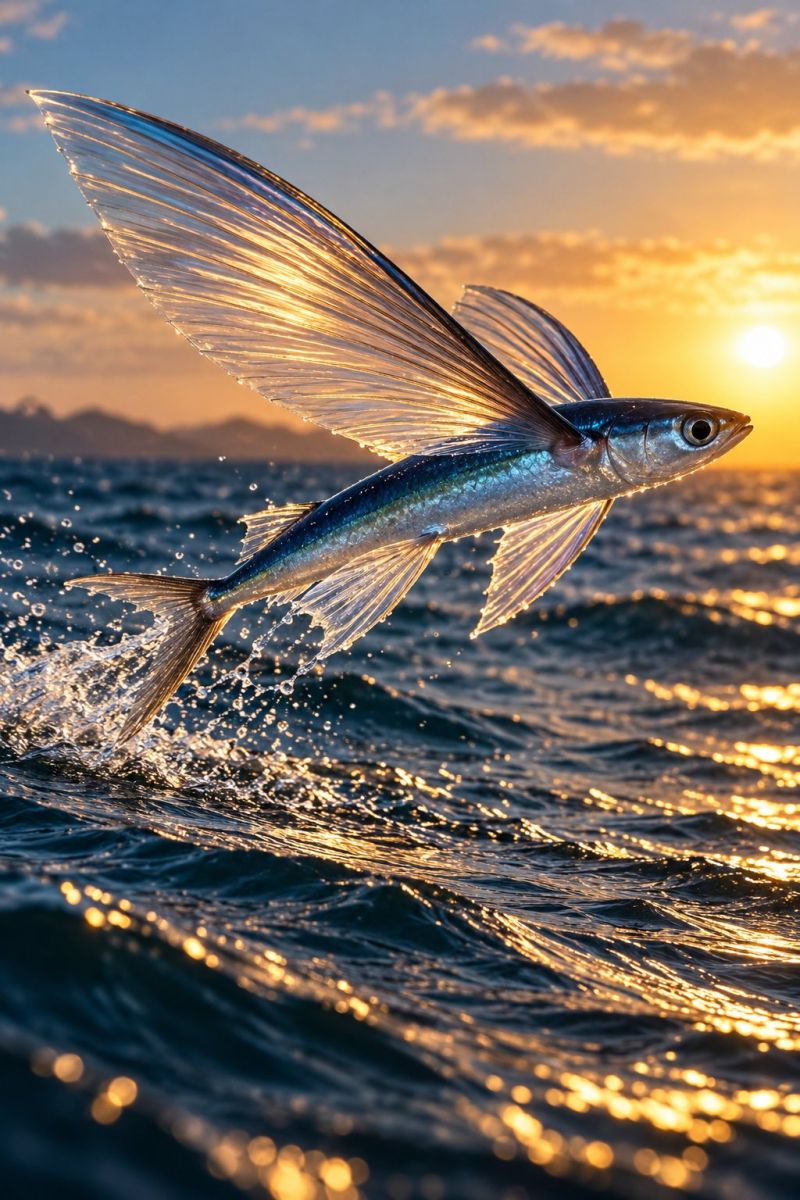 Fish ocean water sky sun sea sunset clouds waves reflection nature wildlife animal swimming flying splash spray motion A fish, likely a flying fish, is captured mid-air with its wings spread wide, showcasing its streamlined body and silver-blue scales. The fish is leaping out of the water, with droplets of water splashing around it. The background features a serene ocean with gentle waves, and the sky is a mix of warm sunset hues, with the sun partially visible on the horizon, casting a golden glow over the scene.