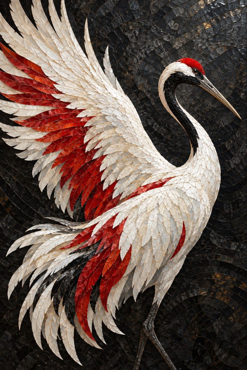 Oiseau grue plume plumes fin mur decoration papier illustration détaillée en mosaïque d'une grue. La grue est représentée avec ses ailes largement déployées, présentant une combinaison de plumes blanches et rouges. Les ailes sont conçues de manière complexe avec de petits morceaux de tissu plats, donnant aux plumes un aspect texturé et superposé. Le corps de la grue est principalement blanc, avec des accents rouges sur ses ailes et sa queue. La tête de la grue est ornée d'une crête rouge et possède un bec long et élancé. Le fond de la mosaïque est une surface sombre et texturée, peut-être en pierre ou en un matériau similaire, qui contraste avec les couleurs vives de la grue. L'effet global est celui de l'élégance et de la minutie artisanale.