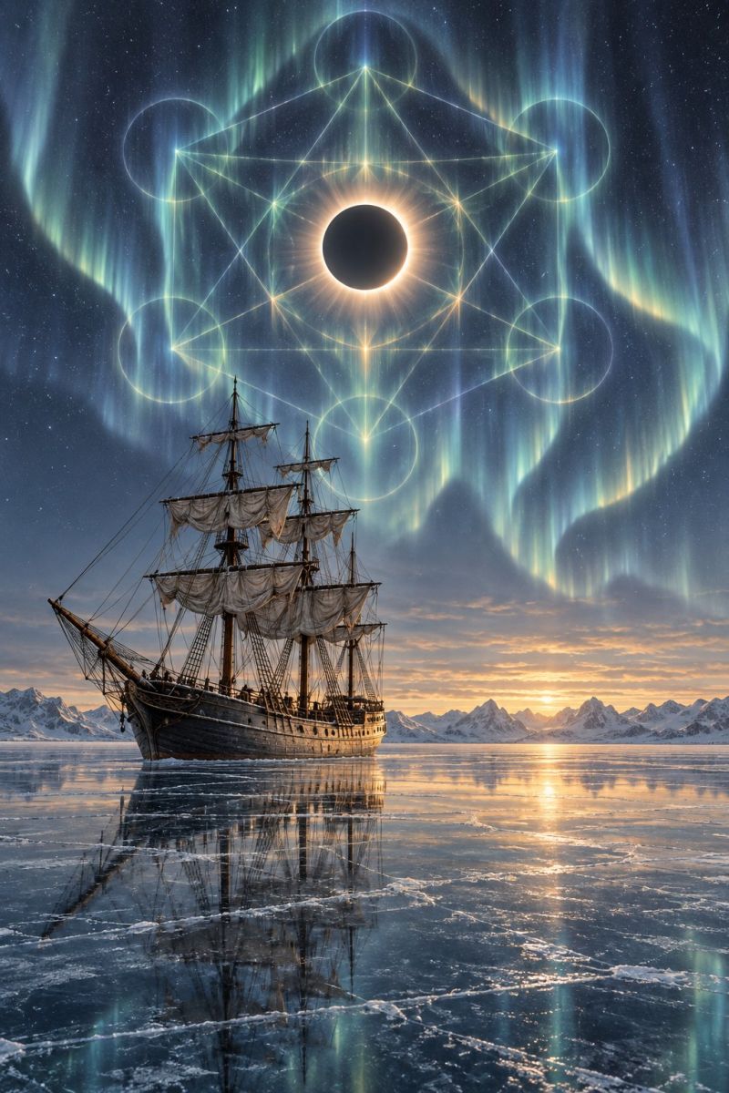 Navire eau reflexion ciel nuit obscurite aurore eclipse solaire espace etoile nuage montagne glace voyage aventure exploration fantaisie Un vieux navire navigue sur une mer gelée et son reflet est visible sur la glace. Le navire a un grand mât et des voiles, et il semble avancer. Le ciel regorge d'aurores boréales époustouflantes, avec des lumières vertes et jaunes qui dansent dans le ciel. Les aurores boréales sont si lumineuses qu'elles illuminent toute la scène, créant une atmosphère magique et surnaturelle. Au loin, des montagnes couvertes de neige ajoutent à l'ambiance sereine et paisible de l'image.