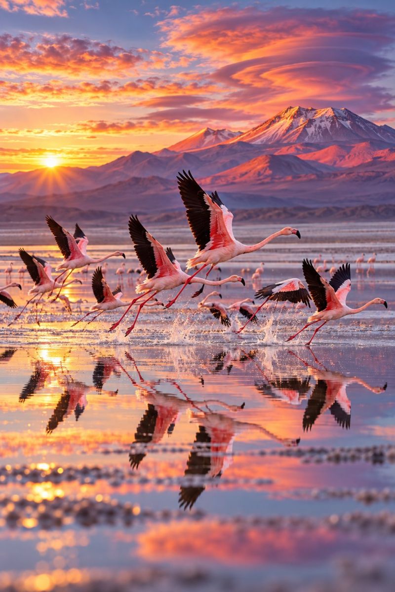 Flamants roses coucher soleil montagnes lac eau reflet faune nature ciel nuages oiseaux vol rose horizon mer plage Une volée de flamants roses survole un plan d'eau, les ailes largement déployées. L'eau reflète les flamants roses et le ciel, créant un effet miroir. Le ciel est un mélange de teintes orange et rose, indiquant un coucher de soleil. En arrière-plan, des montagnes aux sommets enneigés ajoutent à la beauté des paysages. Les pattes des flamants roses sont étendues lorsqu'ils volent et leurs plumes roses sont visibles sur fond de ciel coloré.
