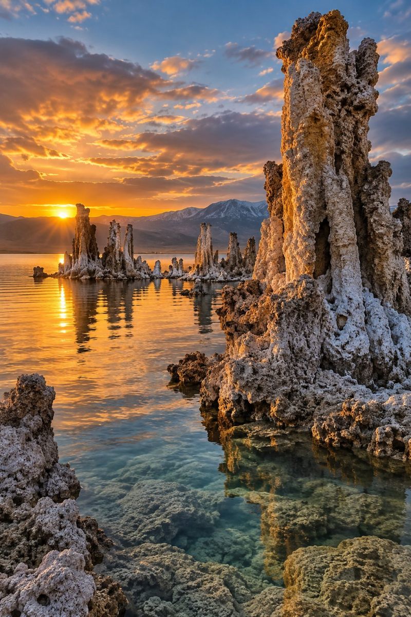 Coucher soleil lac eau ciel montagne nuage reflet nature air mer rocher marin rocheux ocean plage formation scène sereine et pittoresque d'un lac avec des formations rocheuses uniques au coucher du soleil. Le ciel est un mélange d'orange chaud et de rose tendre, ce qui indique que le soleil est en train de se coucher. L'eau est calme et reflète les couleurs du ciel, créant un effet miroir. Au premier plan, plusieurs grandes formations rocheuses de forme irrégulière surgissent de l'eau, dont certaines ont un aspect blanc et calcaire. Ces roches sont éparpillées sur le lac, créant ainsi une barrière naturelle. En arrière-plan, d'autres formations rocheuses et des montagnes lointaines ajoutent de la profondeur à la scène. L'atmosphère générale est paisible et magnifique, capturant l'essence de l'art de la nature.