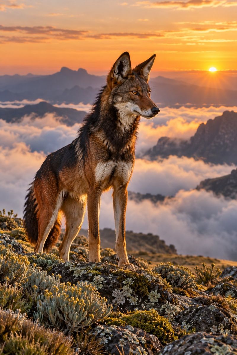 Wolf mountain sunset wildlife nature animal outdoors sky clouds rock hill forest meadow grass vegetation flora fauna mammal predator A majestic wolf stands on a rocky mountain peak, its fur a mix of brown, black, and white. The wolf's eyes are alert, and it gazes to the right. The sun is setting behind the wolf, casting a warm glow on the clouds and the distant mountains. The sky is a mix of orange and pink hues, creating a serene and picturesque scene. The wolf's shadow falls on the rocky surface, and the ground is covered with small plants and rocks.