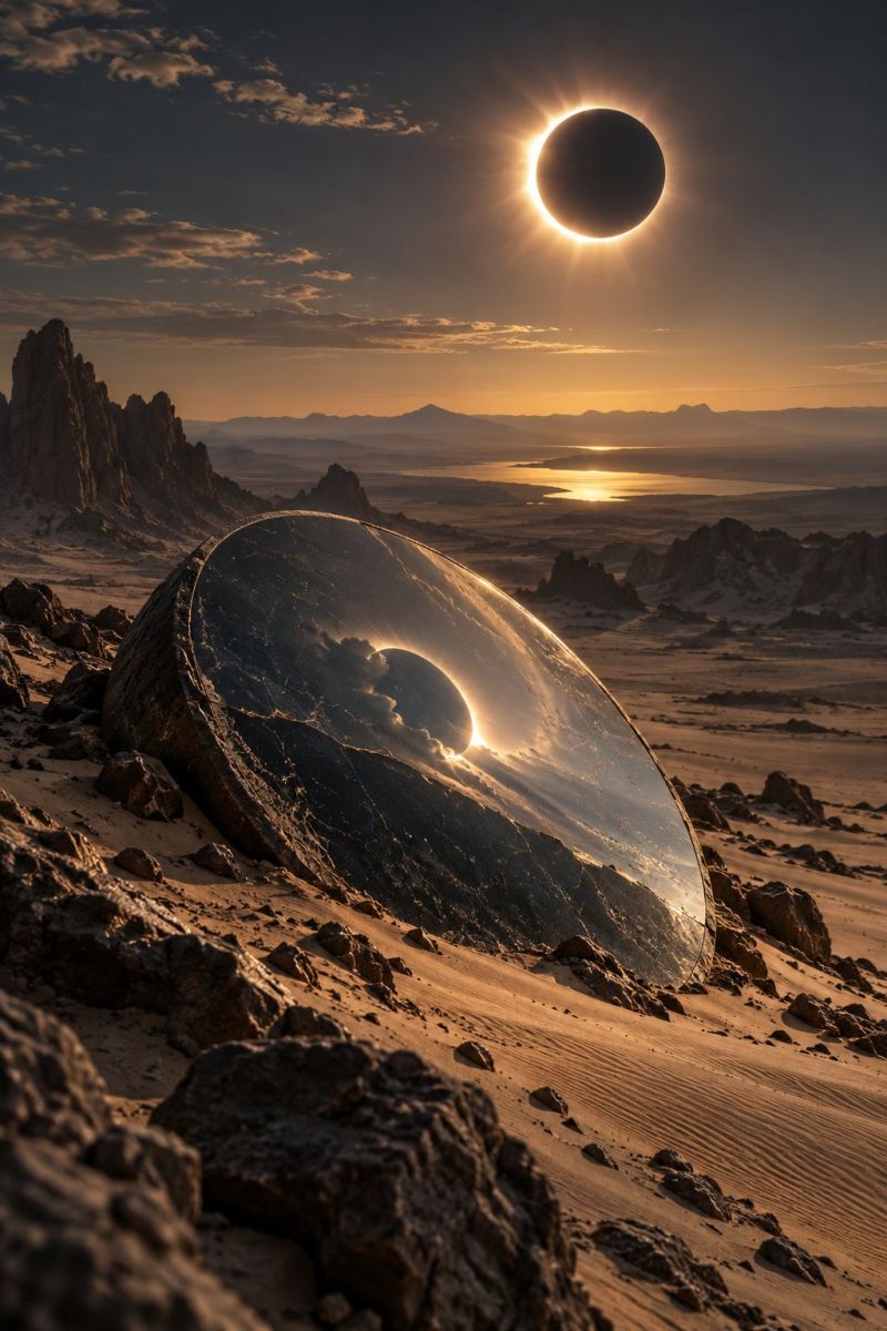 Desert soleil ciel rocher sable montagne eau nuage reflexion horizon coucher nature astronomie eclipse espace Au premier plan, un grand objet métallique circulaire repose sur le sol sablonneux du désert, reflétant le ciel et le paysage environnant. L'objet présente une surface lisse et réfléchissante avec quelques égratignures et bosses. Le soleil est partiellement éclipsé par la lune, créant un anneau de lumière spectaculaire autour de la lune. Le ciel est d'un bleu profond avec des nuages épars et les rayons du soleil projettent une lueur chaude sur le désert. Au loin, des montagnes escarpées et un plan d'eau sont visibles, l'horizon étant peint dans des tons orange et rose à cause du soleil couchant.