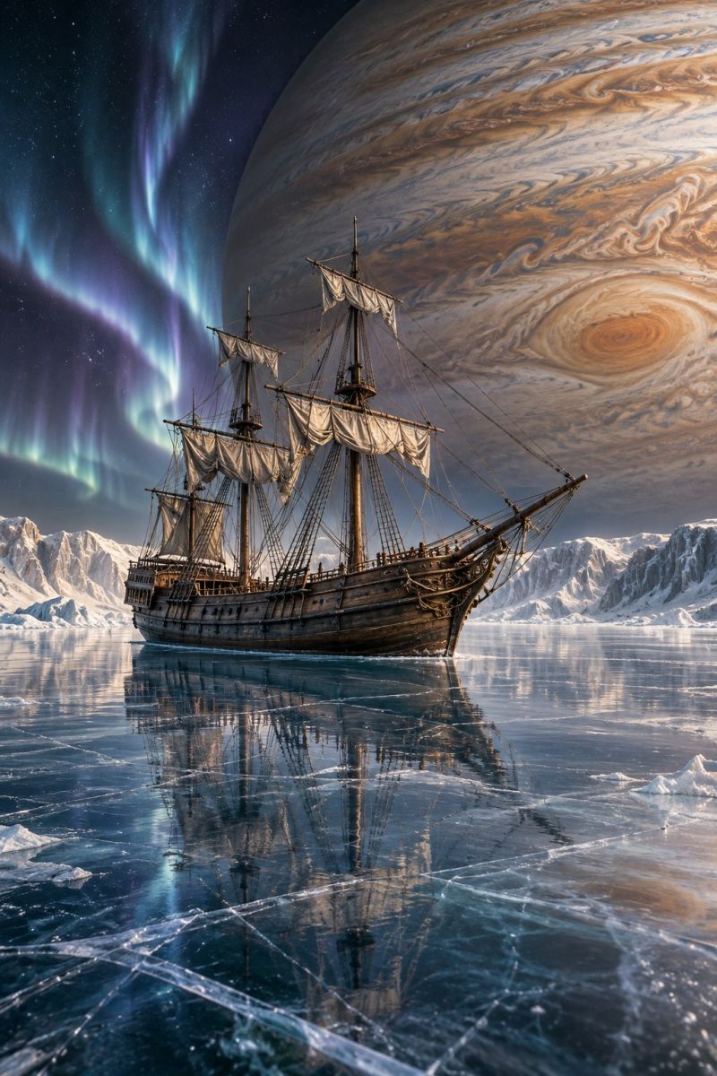 Ship ice water reflection iceberg ocean sky aurora planet space night storm cloud dark mountain exploration adventure fantasy An old ship is sailing on a frozen sea with a reflection on the ice. The ship has a tall mast with sails and ropes. The sea is surrounded by snowy mountains. In the background, there is a large planet with a swirling storm and auroras in the sky. The sky is dark with stars and a bright light.