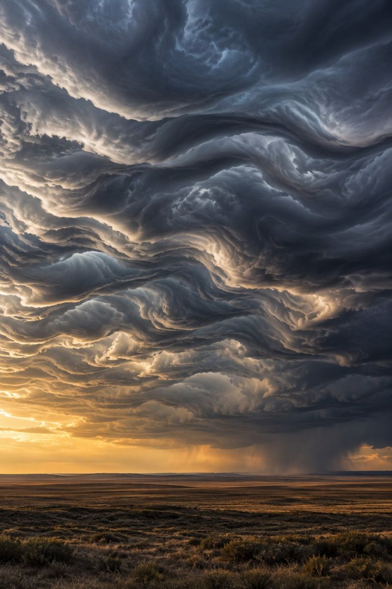 Ciel nuages tempete meteo atmosphere nature soleil pluie horizon prairie plaines herbe champ campagne sauvage environnement L'image capture un ciel spectaculaire rempli d'épais nuages sombres tourbillonnant selon des motifs complexes, illuminés par le soleil couchant. Les nuages sont denses et stratifiés, ce qui crée une sensation de profondeur et de mouvement. Le ciel passe d'un gris profond à des tons plus clairs lorsque les rayons du soleil le traversent, projetant une lueur chaleureuse sur le paysage en contrebas. L'horizon est visible et dévoile un vaste champ ouvert à la végétation clairsemée, suggérant un cadre rural ou sauvage. L'ensemble de la scène évoque à la fois un sentiment de tranquillité et de tempête imminente, la lumière du soleil perçant les nuages, laissant entrevoir la beauté de la puissance de la nature.