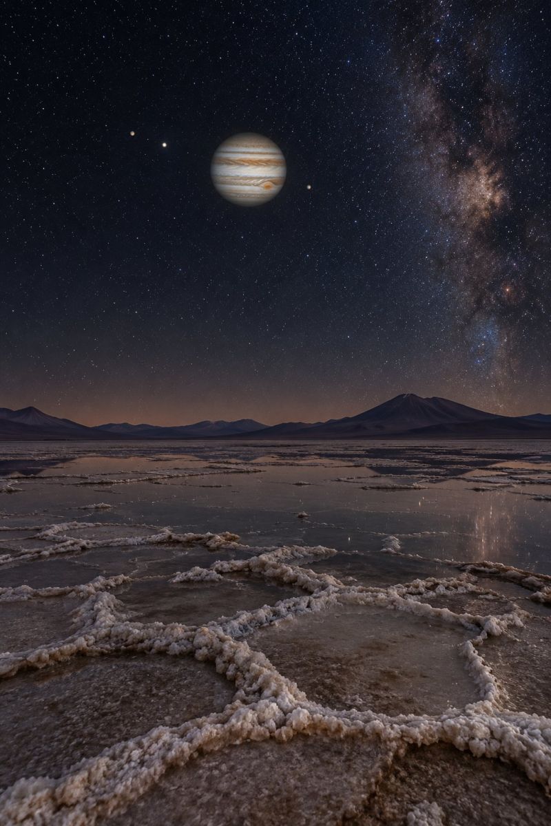 Nuit ciel planete jupiter espace univers etoile astronomie galaxie cosmos celeste obscurite Un ciel étoilé rempli d'étoiles, dont la célèbre planète Jupiter, qui est représentée avec ses bandes et ses lunes distinctives. La galaxie de la Voie lactée est visible dans le ciel, ce qui ajoute à la beauté céleste. Sous le ciel, il y a un vaste paysage plat de marais salant, avec des motifs complexes de dépôts de sel et une surface réfléchissante reflétant le ciel. Au loin, une chaîne de montagnes est visible et l'horizon est marqué par un léger dégradé de couleurs allant du ciel nocturne au sol.