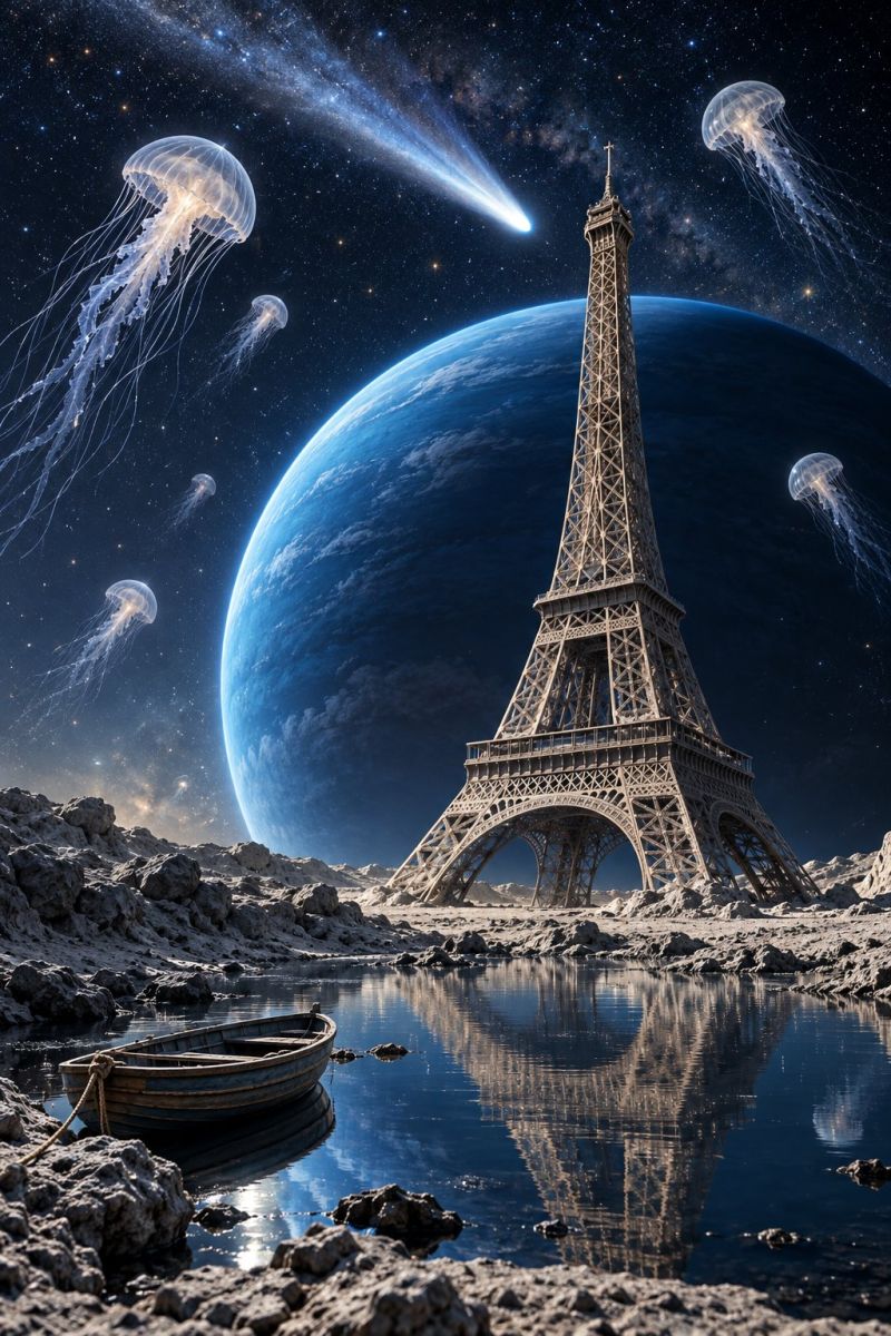 Paris france landmark architecture night sky stars comet jellyfish ocean planet space reflection boat water rocks moon fantasy eiffel tower The image features the Eiffel Tower standing tall in a surreal landscape. The tower is surrounded by a body of water, with its reflection visible in the water. In the background, there is a large planet with a comet flying by. The sky is filled with stars and nebulae, and there are jellyfish floating in the air. The scene is set against a back of a dark, starry sky, creating a dreamlike and otherworldly atmosphere.
