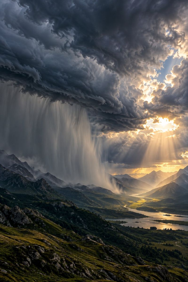 Mountains sky clouds sunlight waterfall nature river valley rocks hills trees grass sunset reflection water storm rain weather atmosphere dramatic landscape with a stormy sky. Dark, towering clouds dominate the upper part of the image, with a heavy downpour of rain cascading from the clouds. The rain appears as a thin, vertical stream, contrasting with the bright, golden sunlight that breaks through the clouds, illuminating the scene. Below the clouds, a rugged mountain range stretches across the horizon, with steep, rocky cliffs and lush green vegetation. In the valley between the mountains, a river winds its way through the landscape, reflecting the sunlight and adding a sense of depth. The overall scene is a powerful blend of nature's raw beauty and its serene, life-giving elements.
