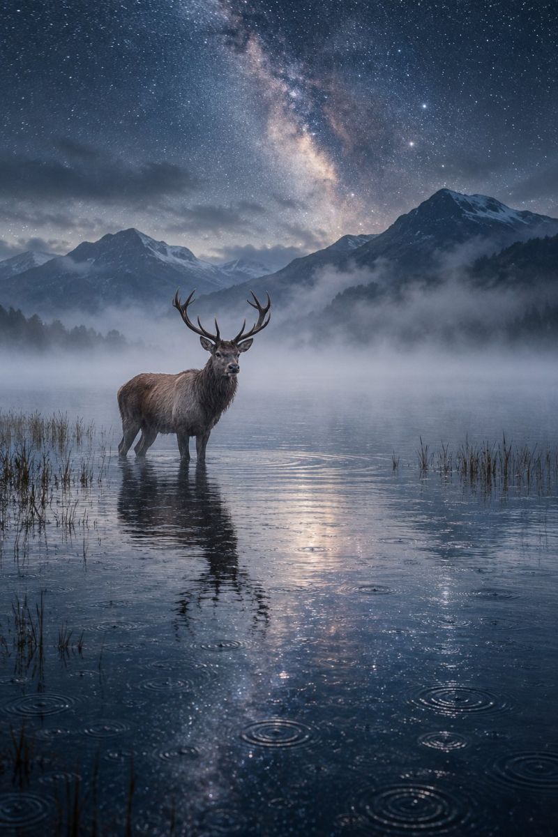 Cerf lac montagne nuit ciel eau faune animal brouillard reflet etoile nuage nature brume brumeuse matin Un cerf majestueux aux grands bois se dresse dans un lac calme et réfléchissant sous un ciel étoilé. L'eau est calme, avec des ondulations de gouttes de pluie éparpillées à sa surface. Le reflet du cerf est visible dans l'eau, reflétant sa position et ses bois. À l'arrière-plan, une chaîne de montagnes brumeuses est partiellement masquée par le brouillard et des sommets enneigés sont visibles. Le ciel est rempli d'étoiles et la Voie lactée est à peine visible, ce qui ajoute à l'atmosphère sereine et mystique de la scène.
