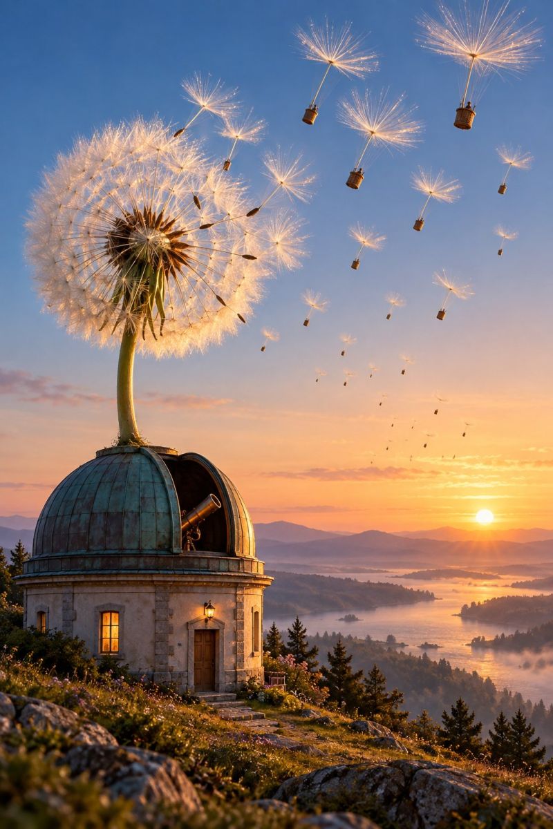Dandelion sky flower building sunset mountain telescope architecture nature hill observatory cloud sea horizon fog tree reflection whimsical scene with a large dandelion growing from the dome of a small observatory building. The dandelion is fully bloomed, with its seeds floating in the air, resembling a hot air balloon. The observatory is situated on a hill, surrounded by a serene landscape with trees and a body of water. The sky is a mix of blue and orange hues, indicating either sunrise or sunset. In the distance, there are mountains and a clear view of the horizon. The scene is peaceful and imaginative, blending elements of nature and fantasy.